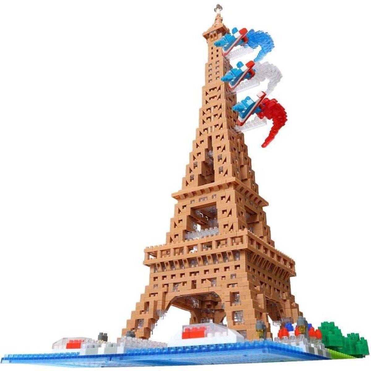 Modello Lego della Torre Eiffel con piccoli aerei volanti. La torre è marrone.