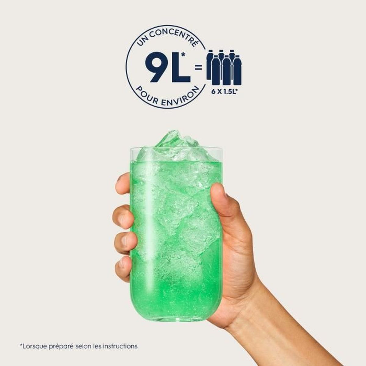 Hand hält ein hohes Glas mit grüner Flüssigkeit und Eiswürfeln, Text darüber.