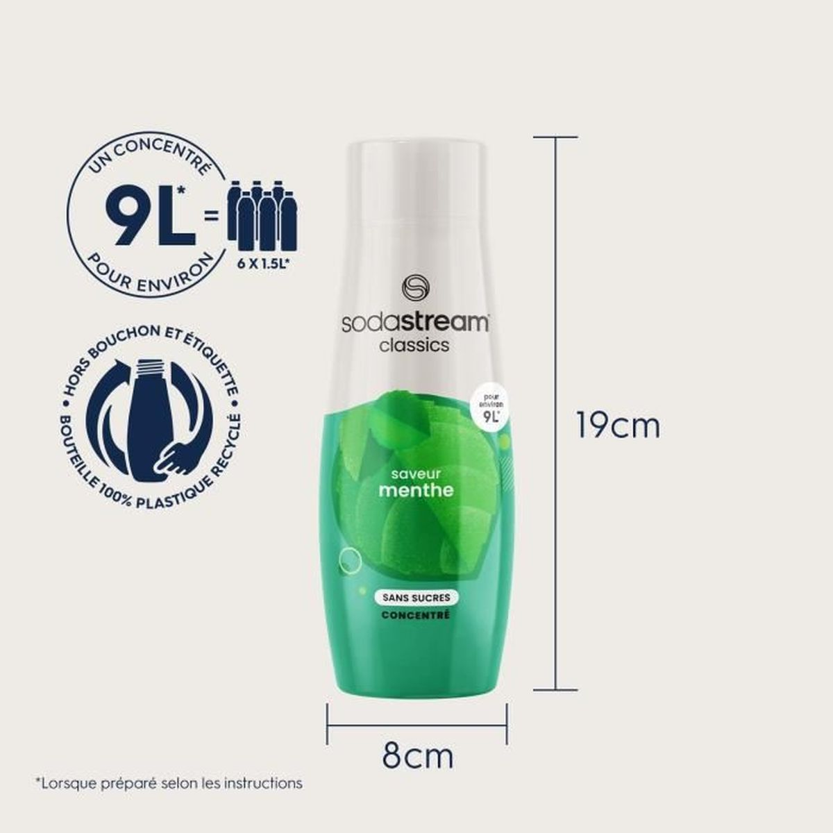 Eine SodaStream-Flasche mit Minz-Geschmacksetikett. Es ist grün mit weißem Deckel.