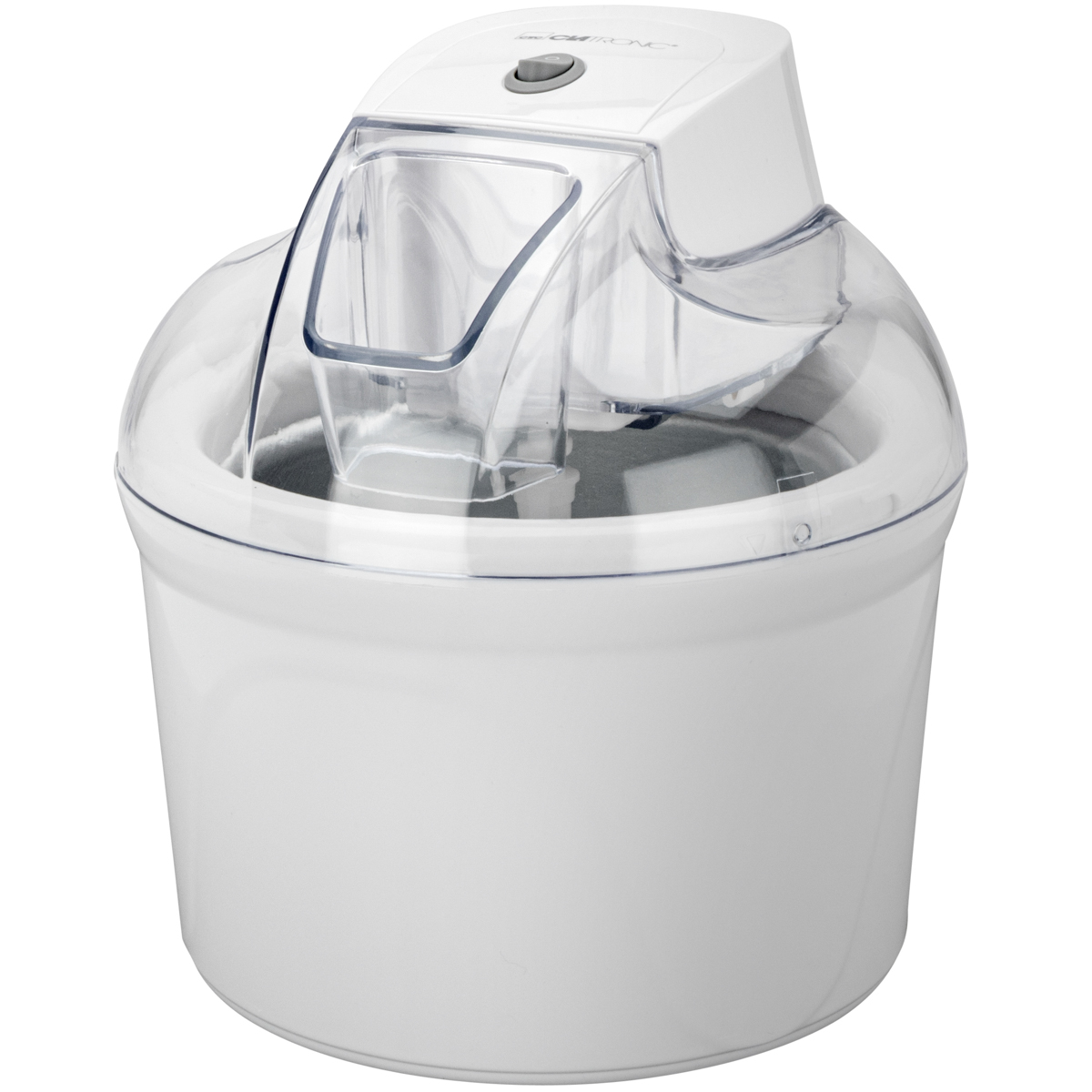 Biała maszyna do lodów. Górna część jest przezroczysta. Maszyna stoi na białej powierzchni. Na górze jest przycisk.