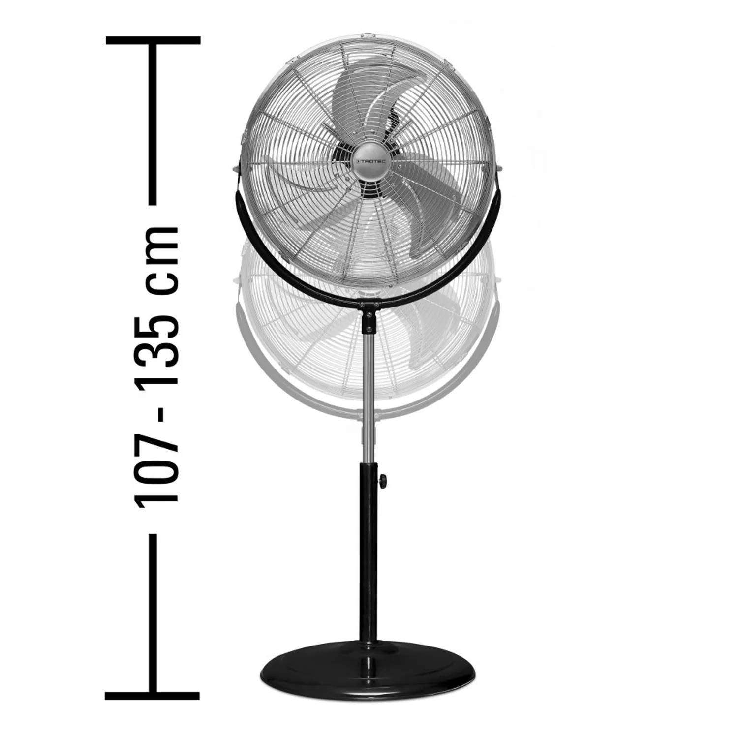 A black standing fan with a silver fan head, measuring 107-135 cm in height.