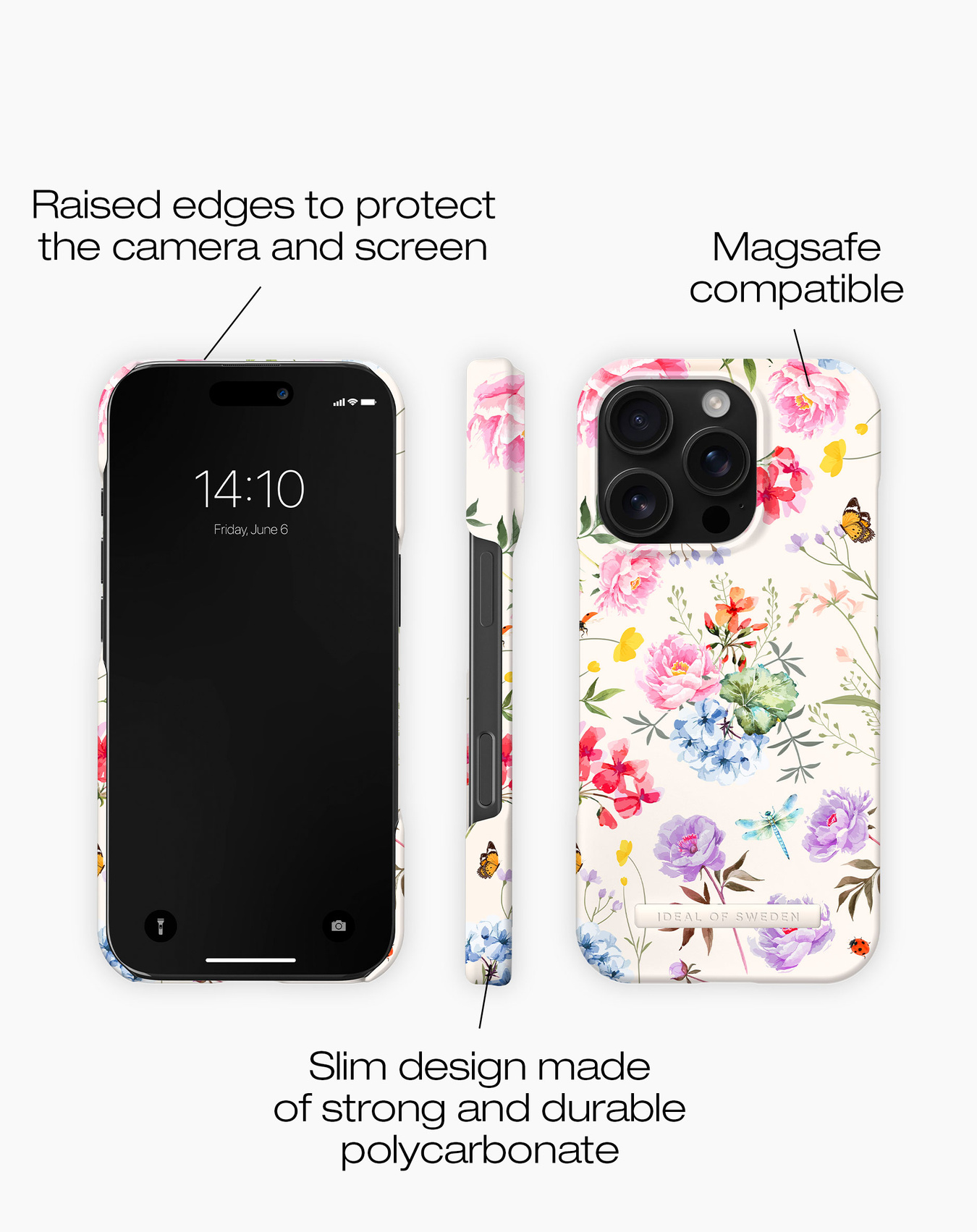 Handyhülle mit floralem Design. Drei Ansichten: Telefon an, Seitenansicht und Rückansicht.