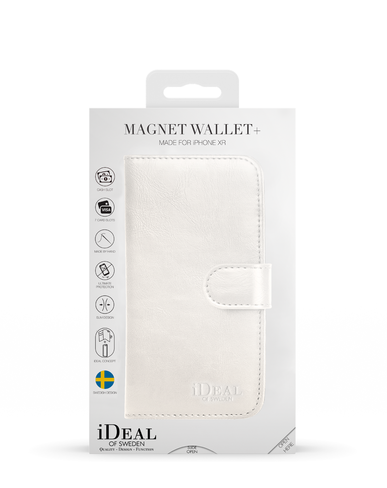 Eine weiße Brieftaschen-Handyhülle mit dem Ideal of Sweden Logo und Produktdetails.