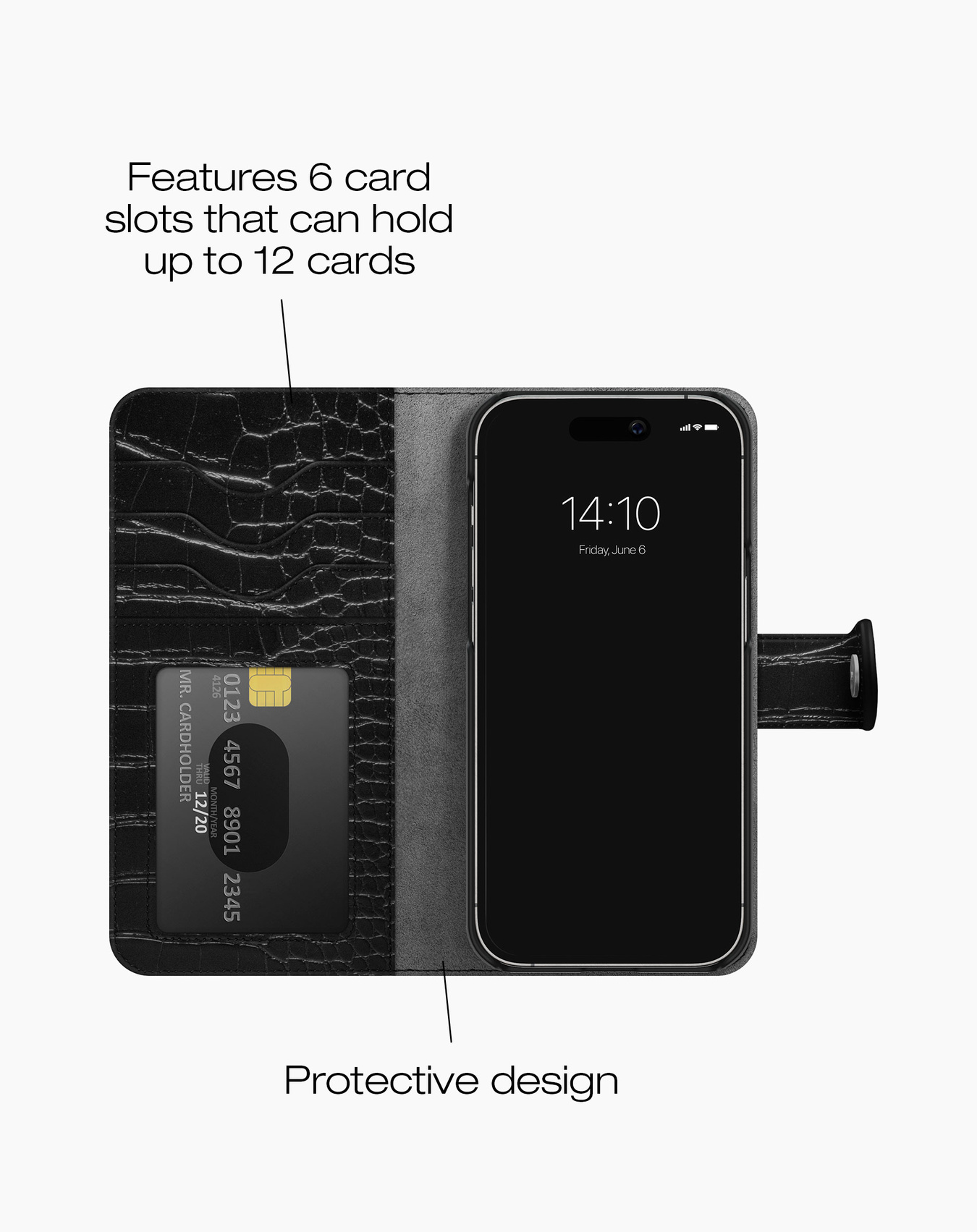 Das schwarze Wallet Case bietet Platz für ein Handy, eine Karte und verfügt über ein schützendes Design.