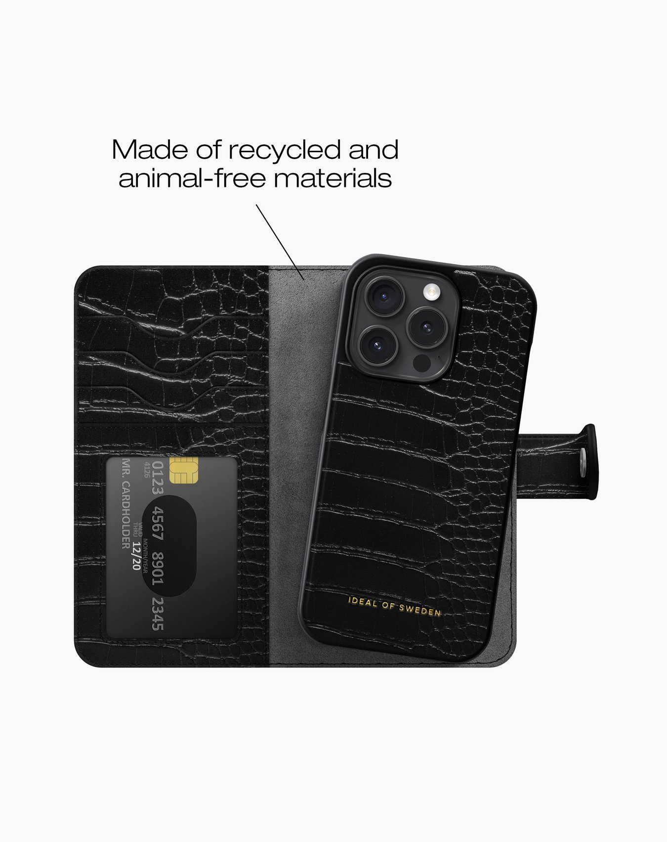 Eine schwarze Brieftaschenhülle mit einem Telefon- und Kartenhalter zeigt ihre Funktionen.