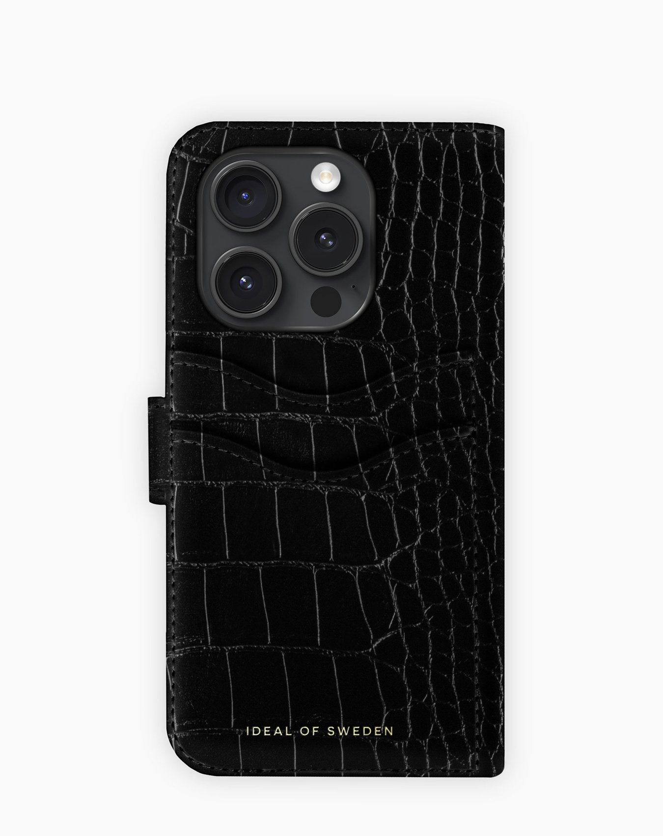 Eine schwarze Brieftaschen-Handyhülle mit Krokodiltextur und mehreren Kartenfächern.