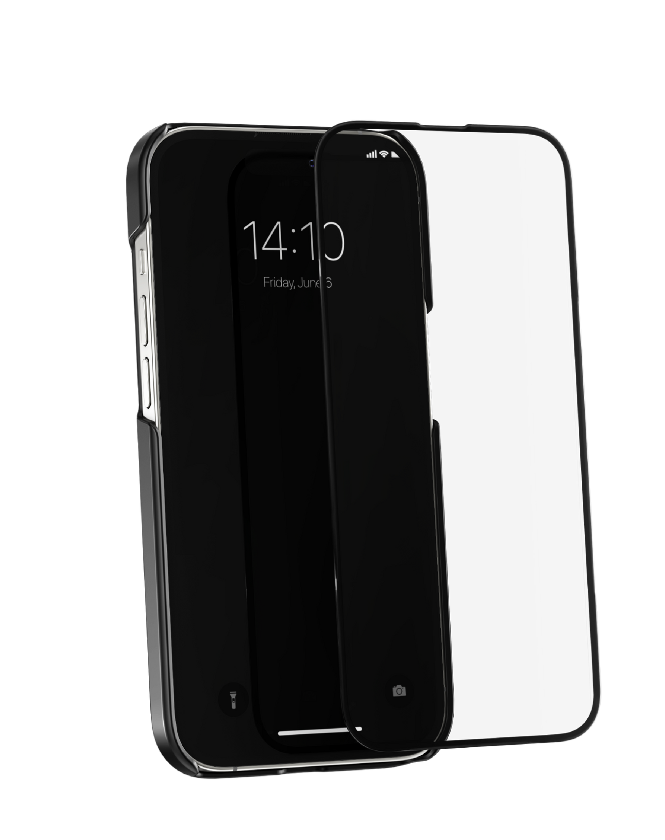 Telefono nero con custodia, mostra ora e data, con sfondo nero.