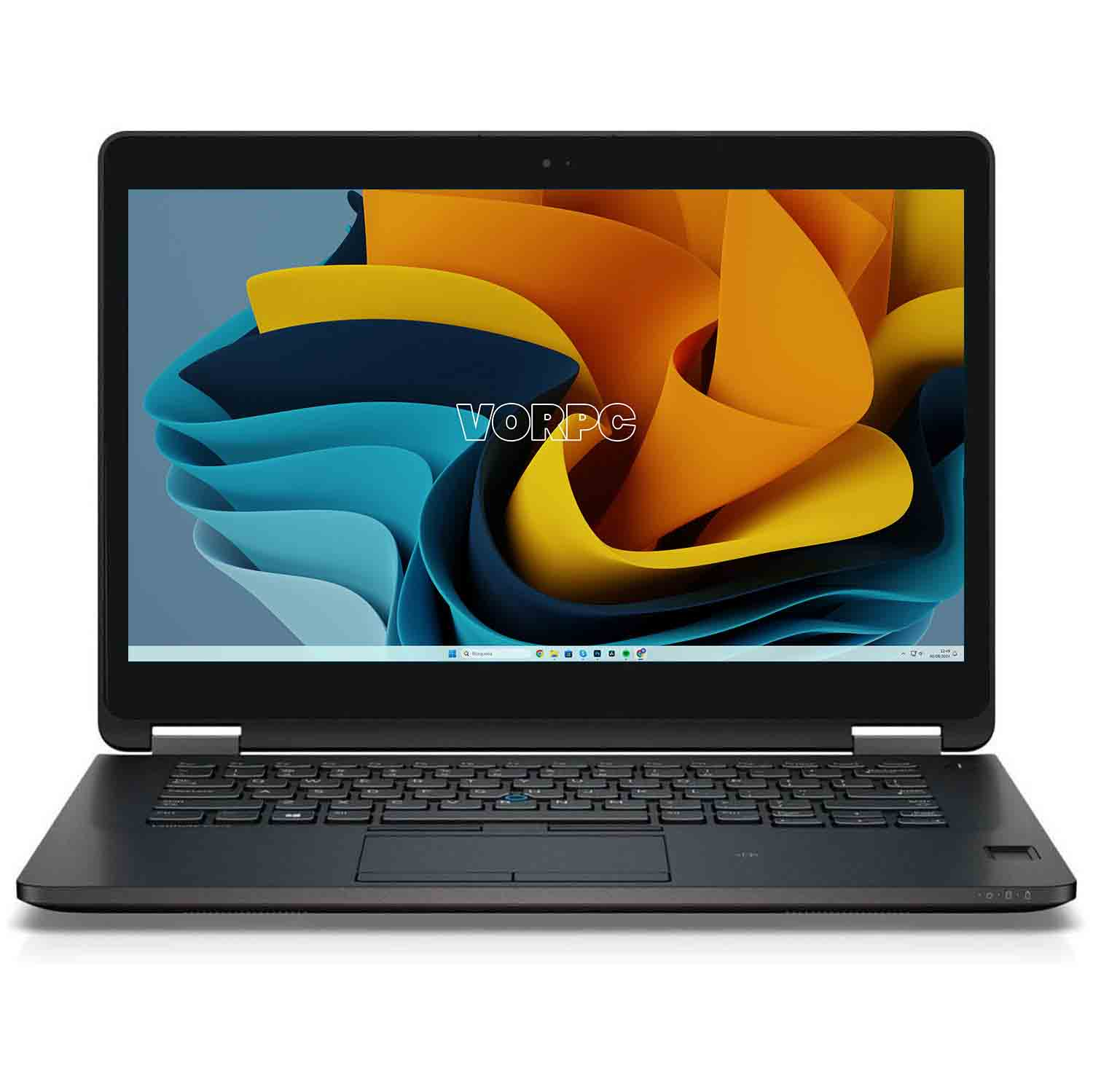 Portátil negro con pantalla abstracta, parcialmente abierto sobre fondo blanco, texto VORPC.