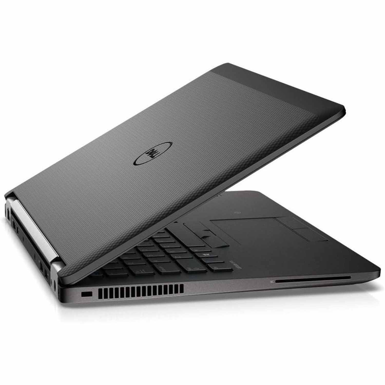 Laptop negro, inclinado con el logo de Dell en la parte trasera. Fondo blanco.