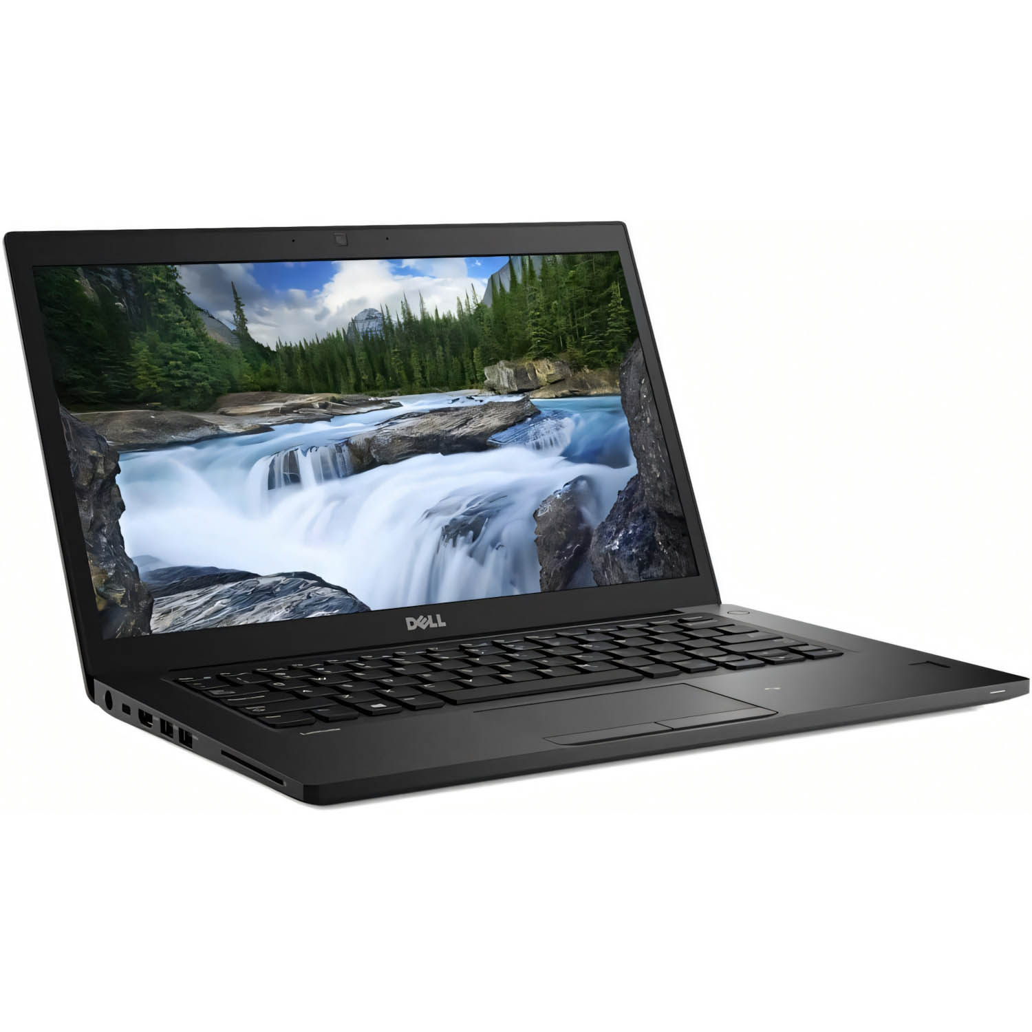 Laptop negro abierto, pantalla muestra una escena de cascada. Logo Dell abajo. Fondo blanco.