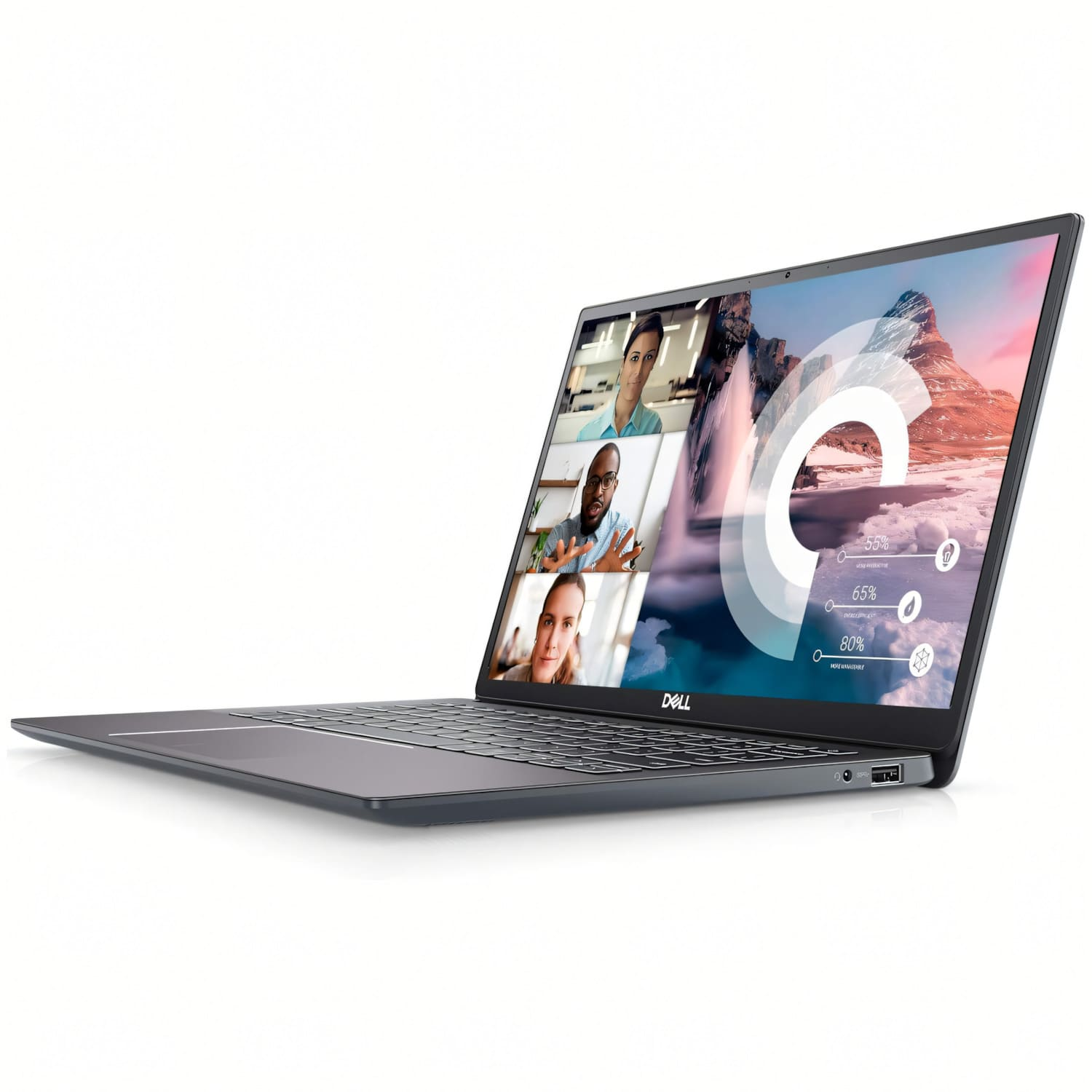 Una laptop Dell muestra una videollamada con varias personas. La pantalla muestra un gráfico de progreso.