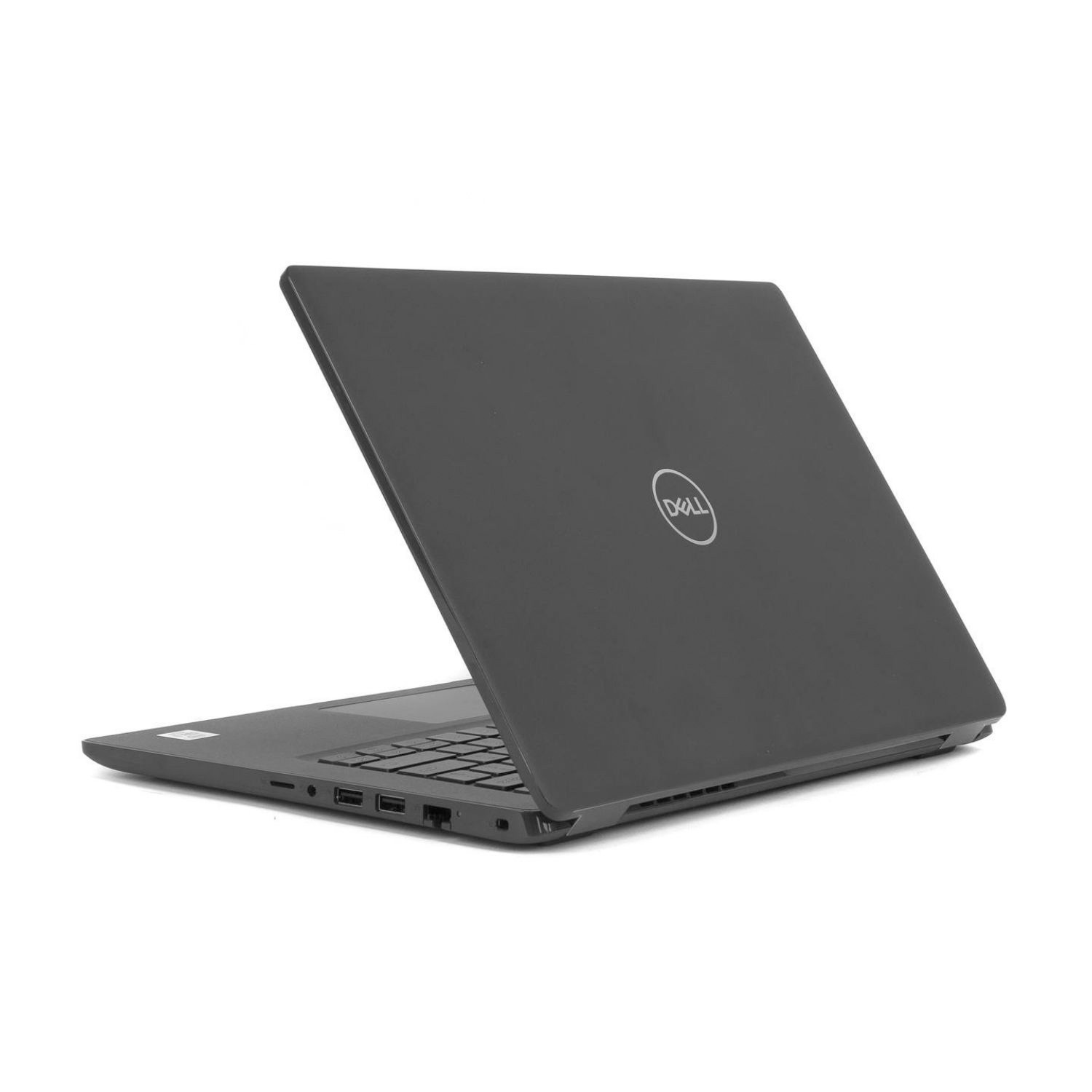 Un portátil Dell negro está cerrado, mostrando la tapa con el logo Dell. El portátil está en ángulo.