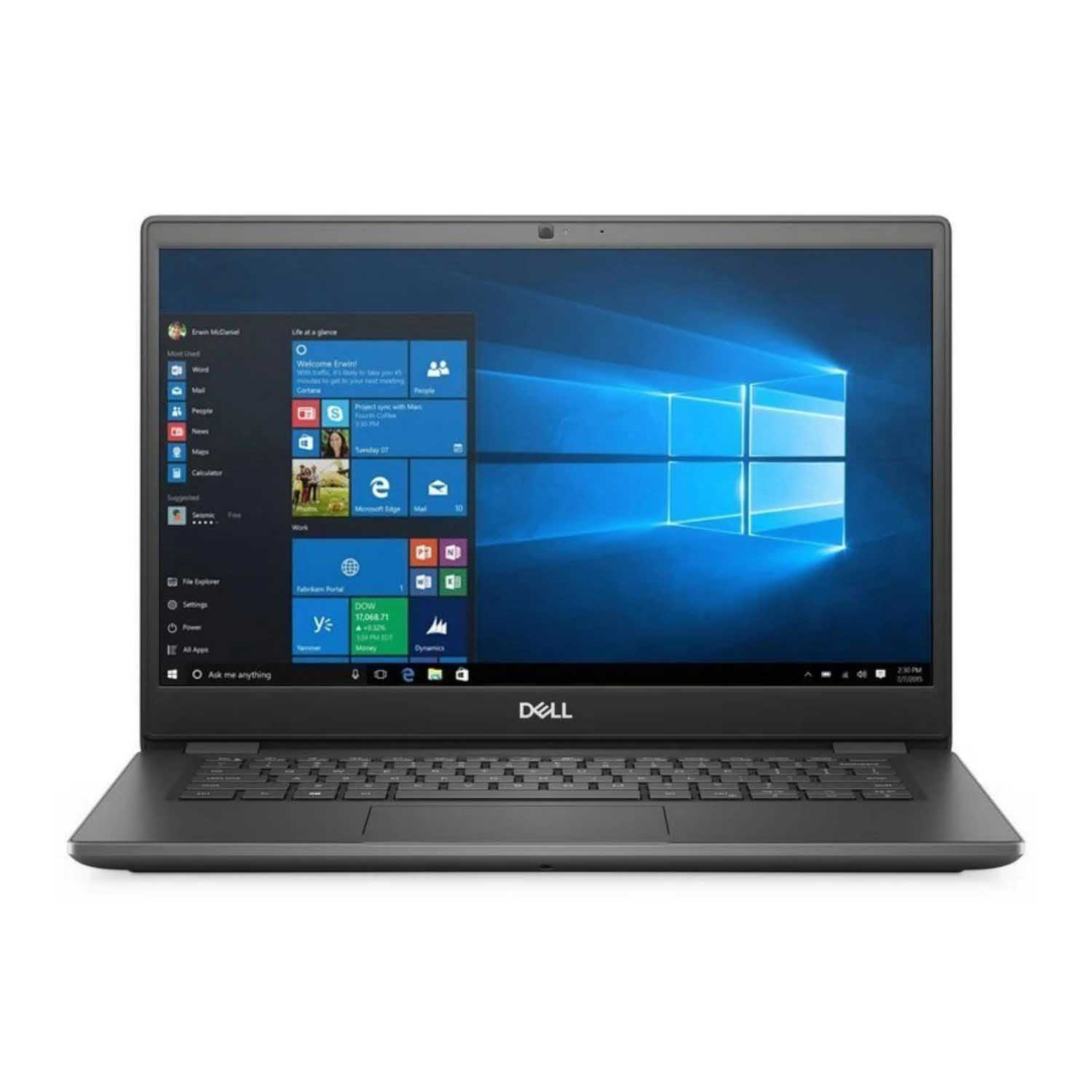 Laptop Dell negro, abierto, vista frontal. Escritorio Windows mostrado. Fondo blanco.