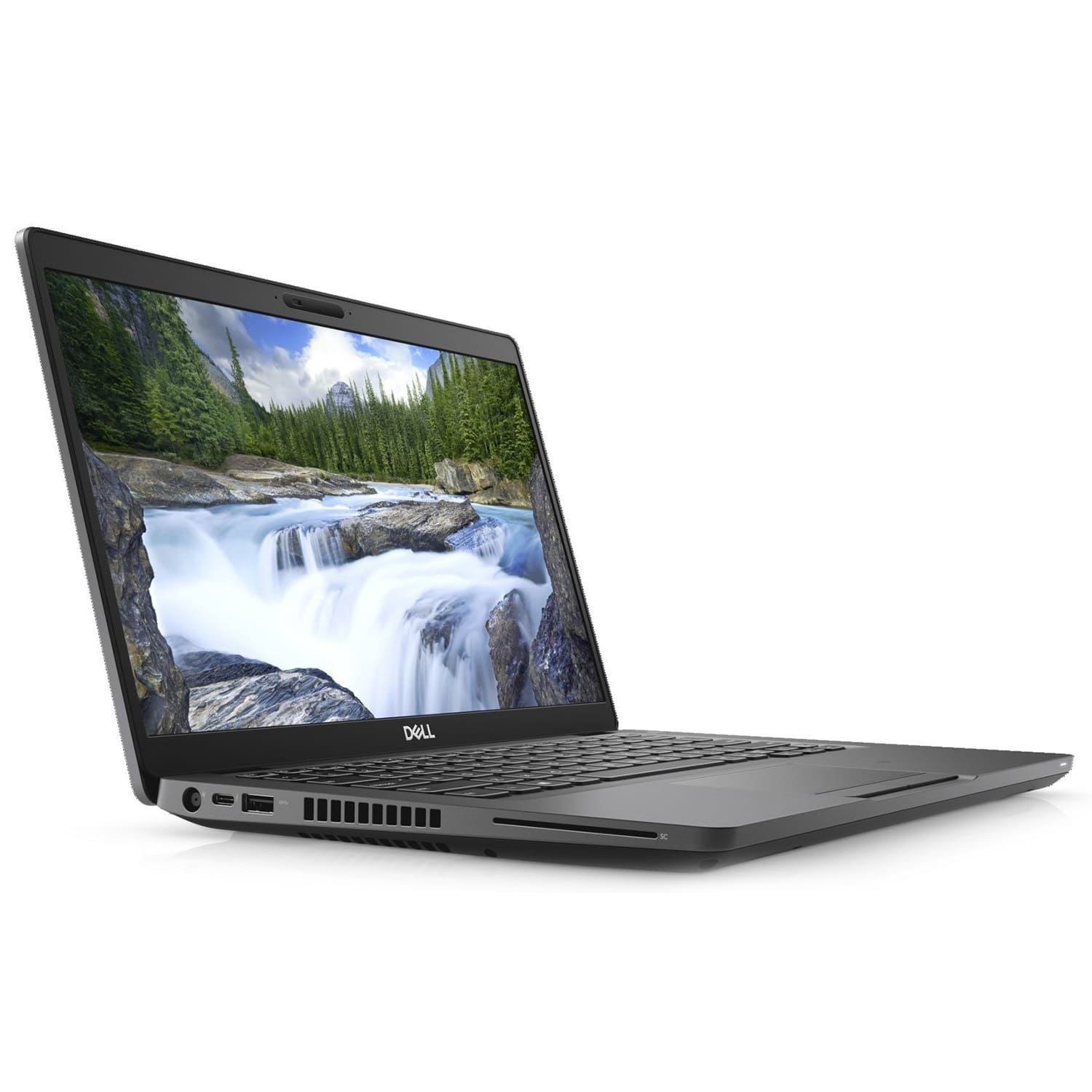 Una laptop Dell gris muestra una escena de cascada en su pantalla, angulada contra un fondo blanco.