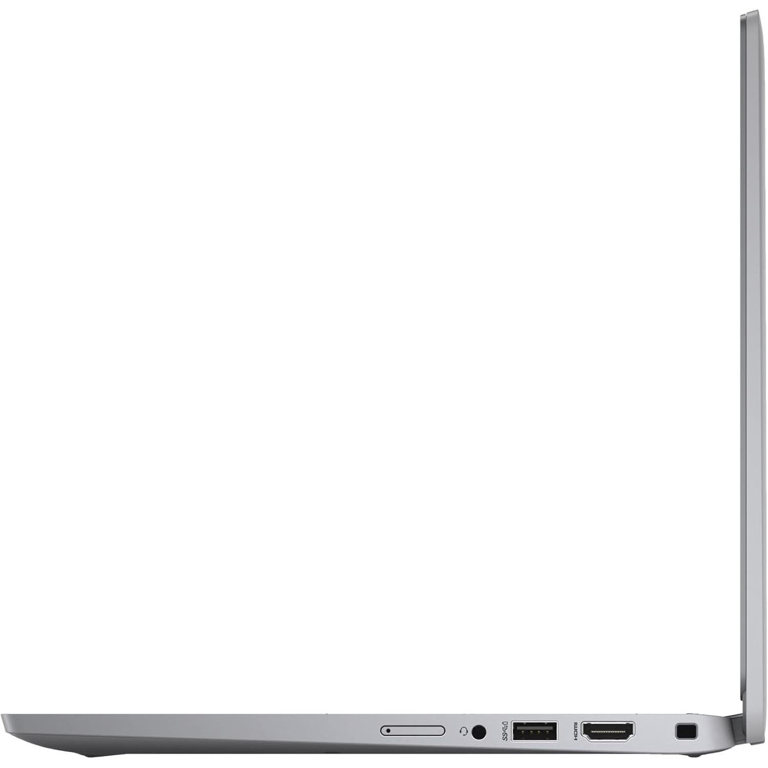 Vista lateral del portátil plateado. Puertos visibles: tarjeta SD, audio, USB, HDMI y entrada de alimentación. Fondo blanco.