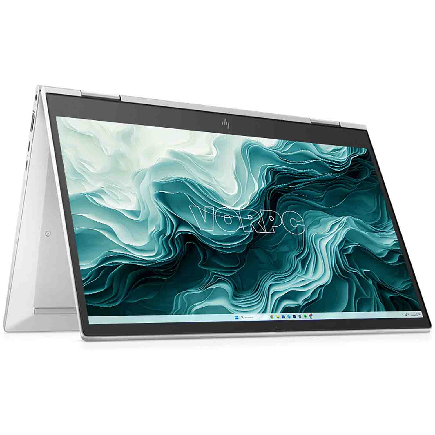 Portátil plateado con pantalla que muestra un diseño abstracto azul y verde. El portátil está abierto.