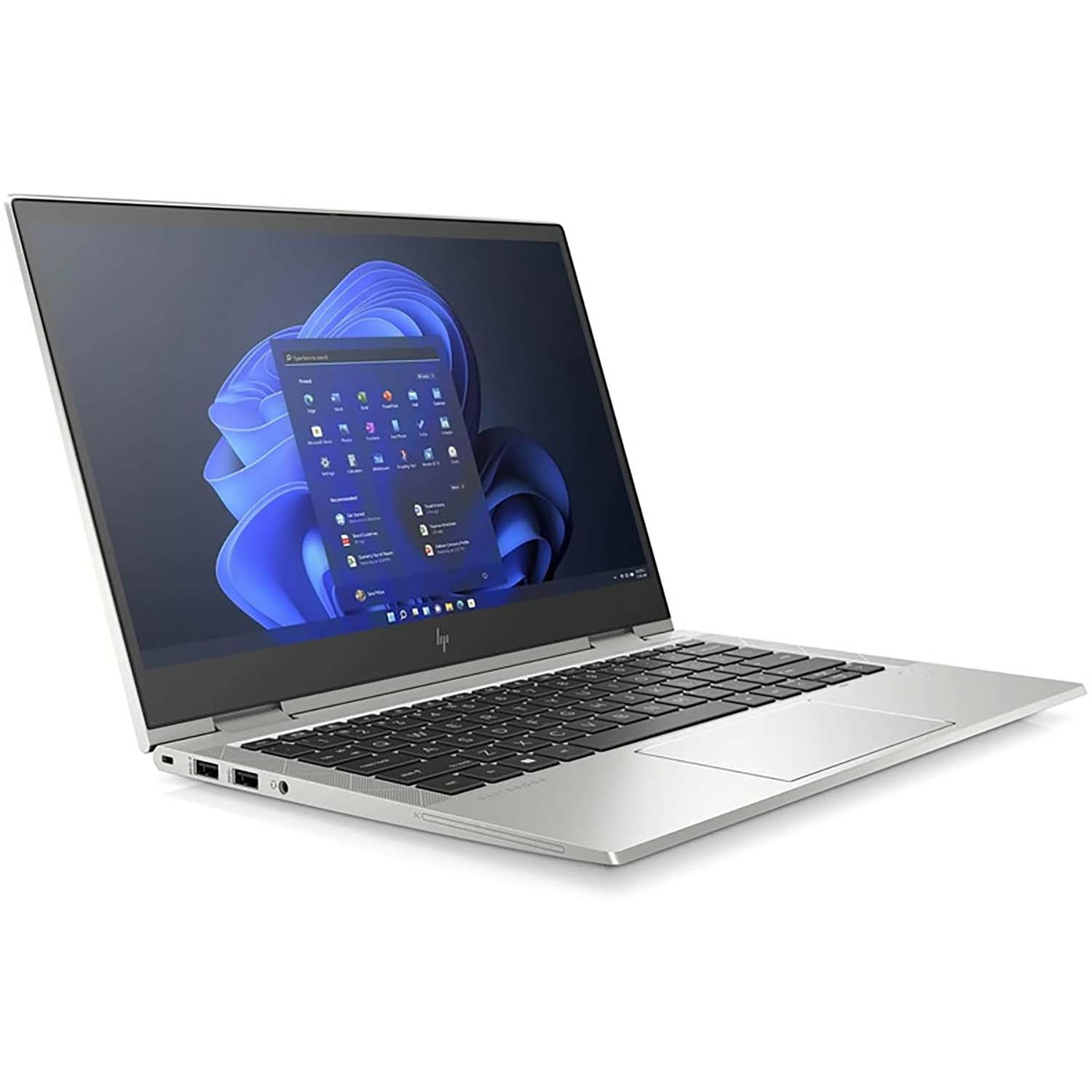Portátil plateado sobre fondo blanco. Pantalla con interfaz Windows 11 y diseño azul.