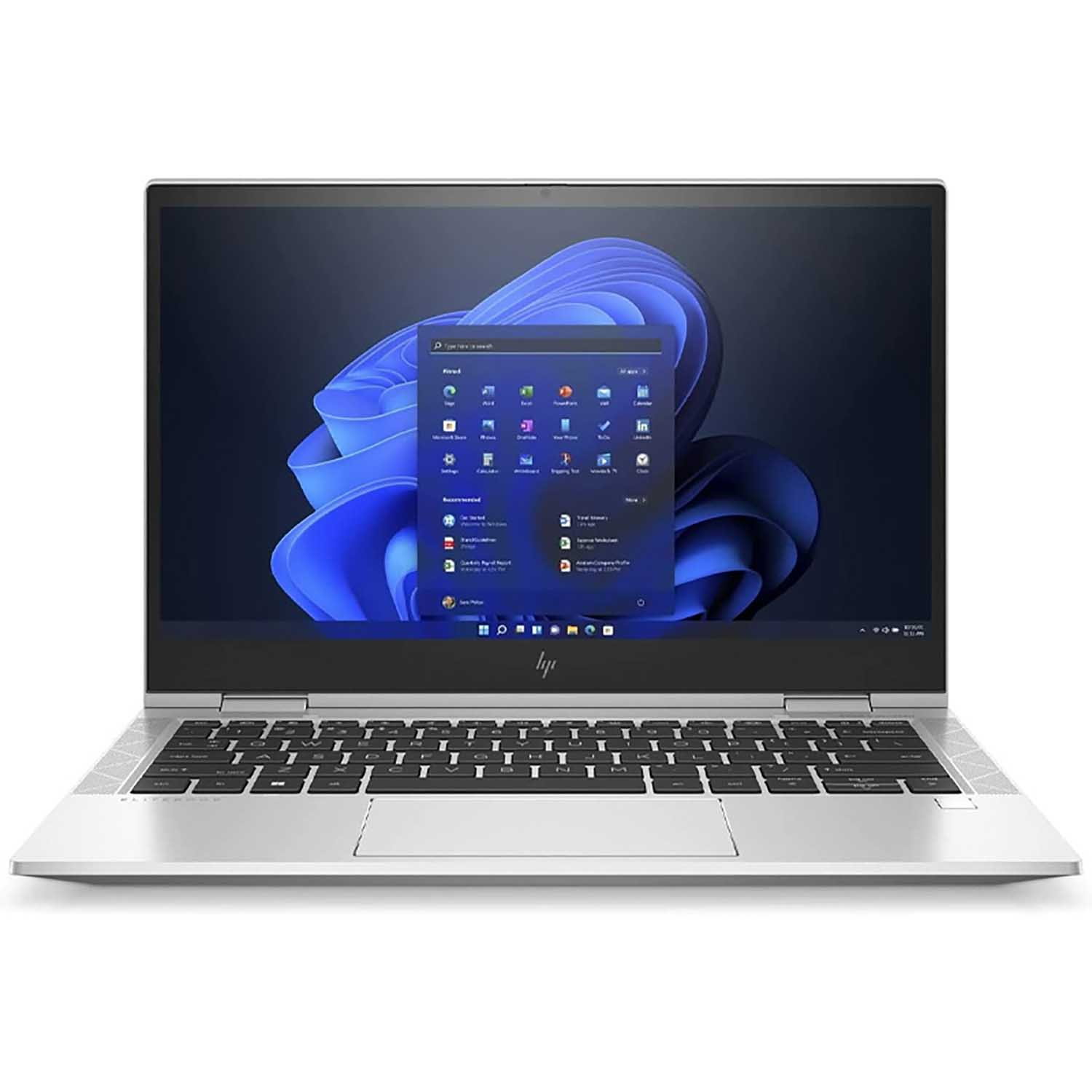 Portátil plateado abierto, mostrando el escritorio Windows 11, con teclado y panel táctil, sobre fondo blanco.