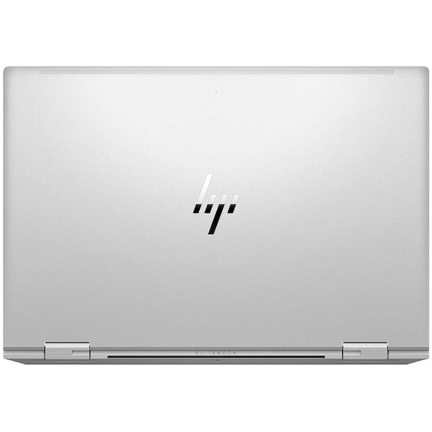 Portátil plateado, vista superior, cerrado. El logo HP está en la cubierta. El fondo es blanco.