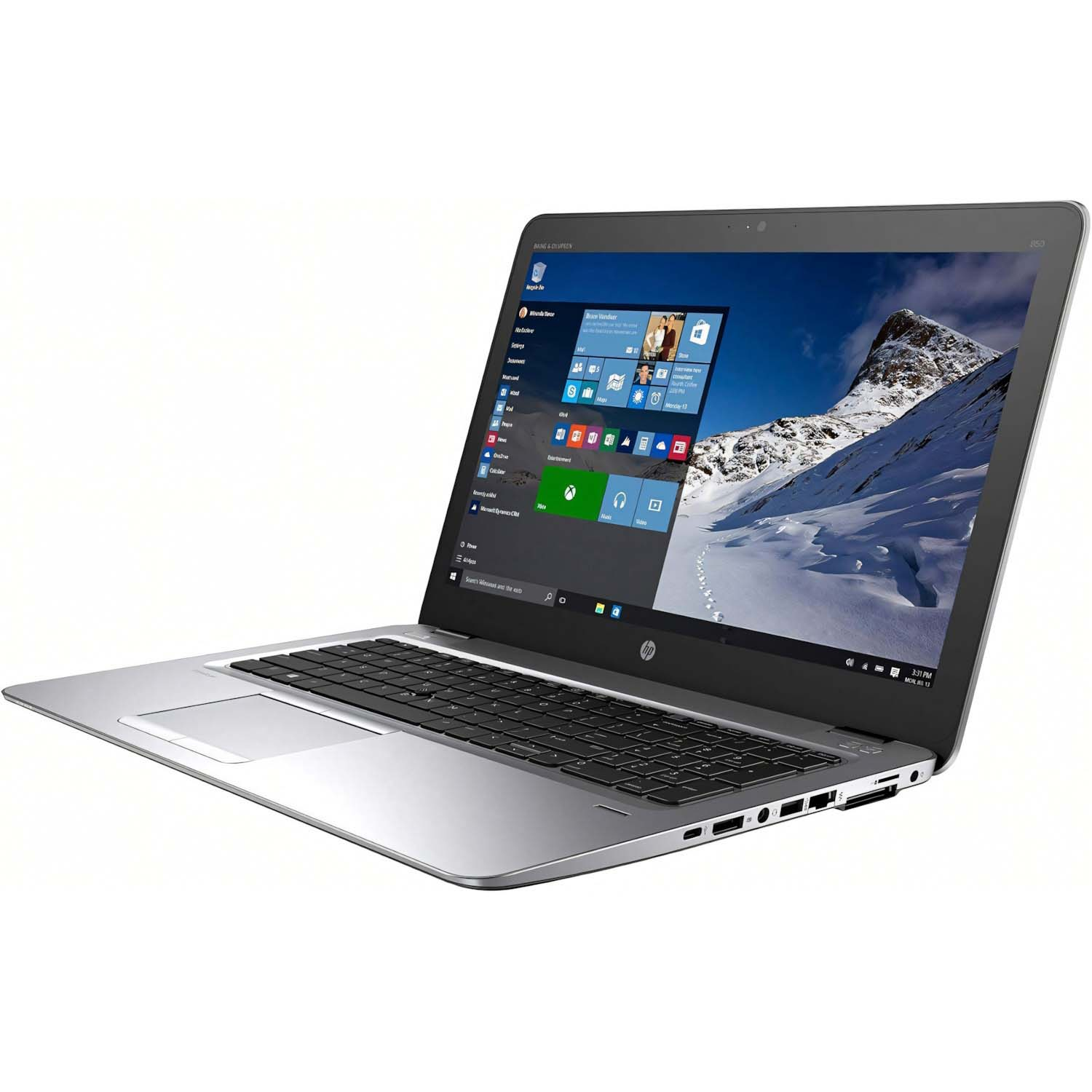 Portátil HP plateado abierto, escritorio Windows mostrado. Teclado y panel táctil visibles sobre fondo blanco.