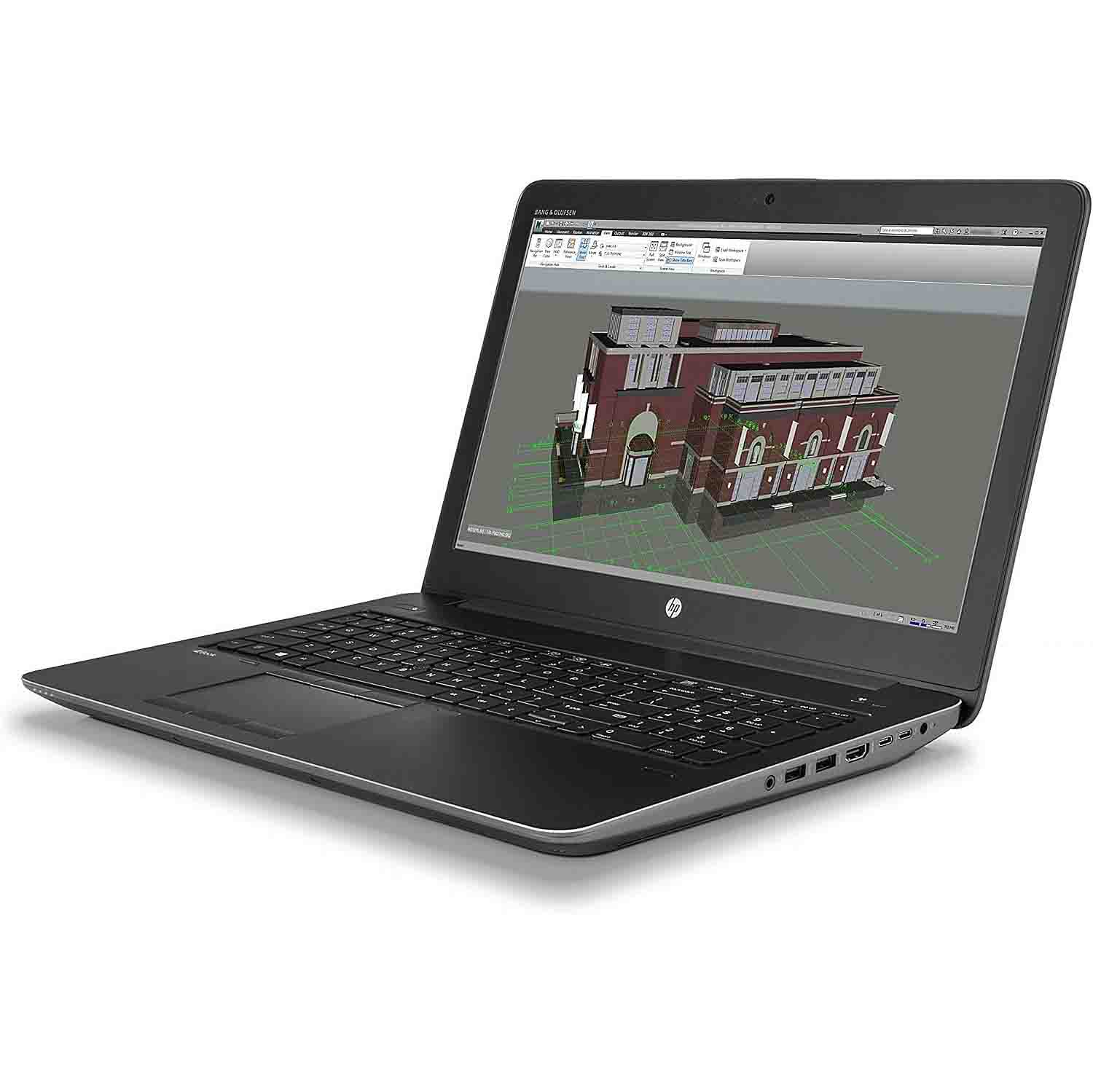Portátil negro, pantalla muestra modelo arquitectónico 3D. Teclado y panel táctil visibles. Fondo blanco.