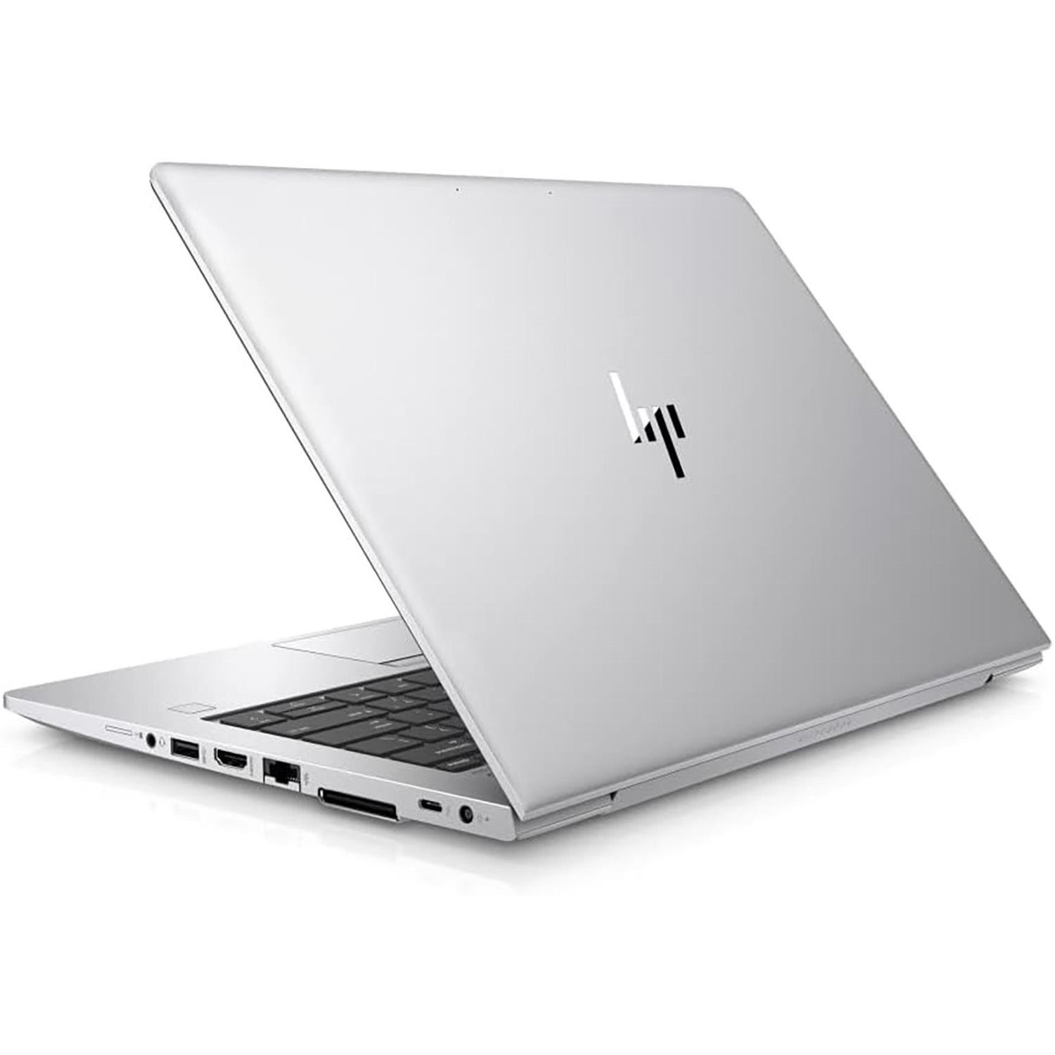 Portátil plateado, vista trasera, logo HP visible. Tapa levantada. Teclado visible. Fondo blanco.
