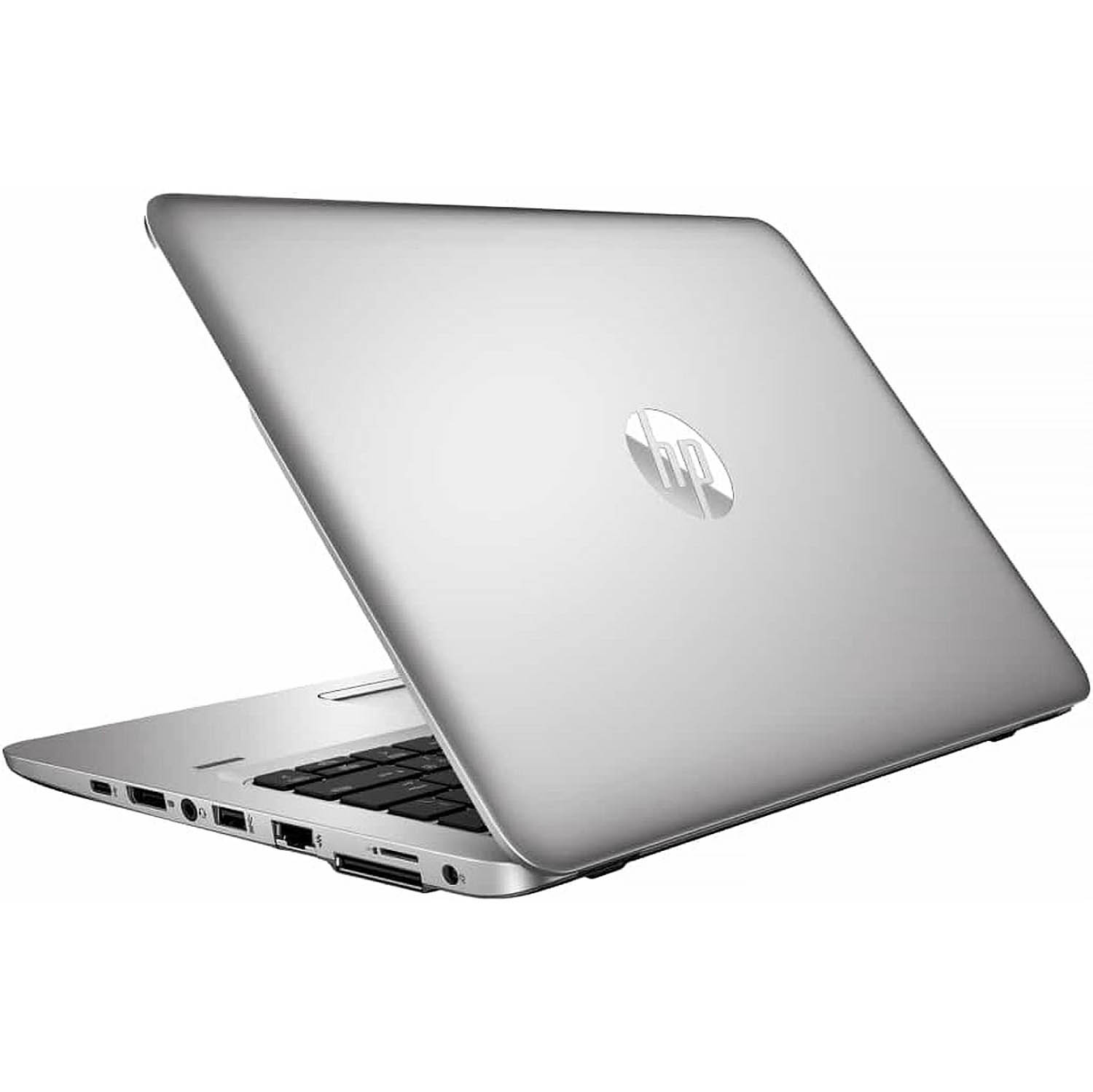 Portátil plateado, abierto para mostrar teclado y puertos. Logotipo de HP visible. Vista trasera.