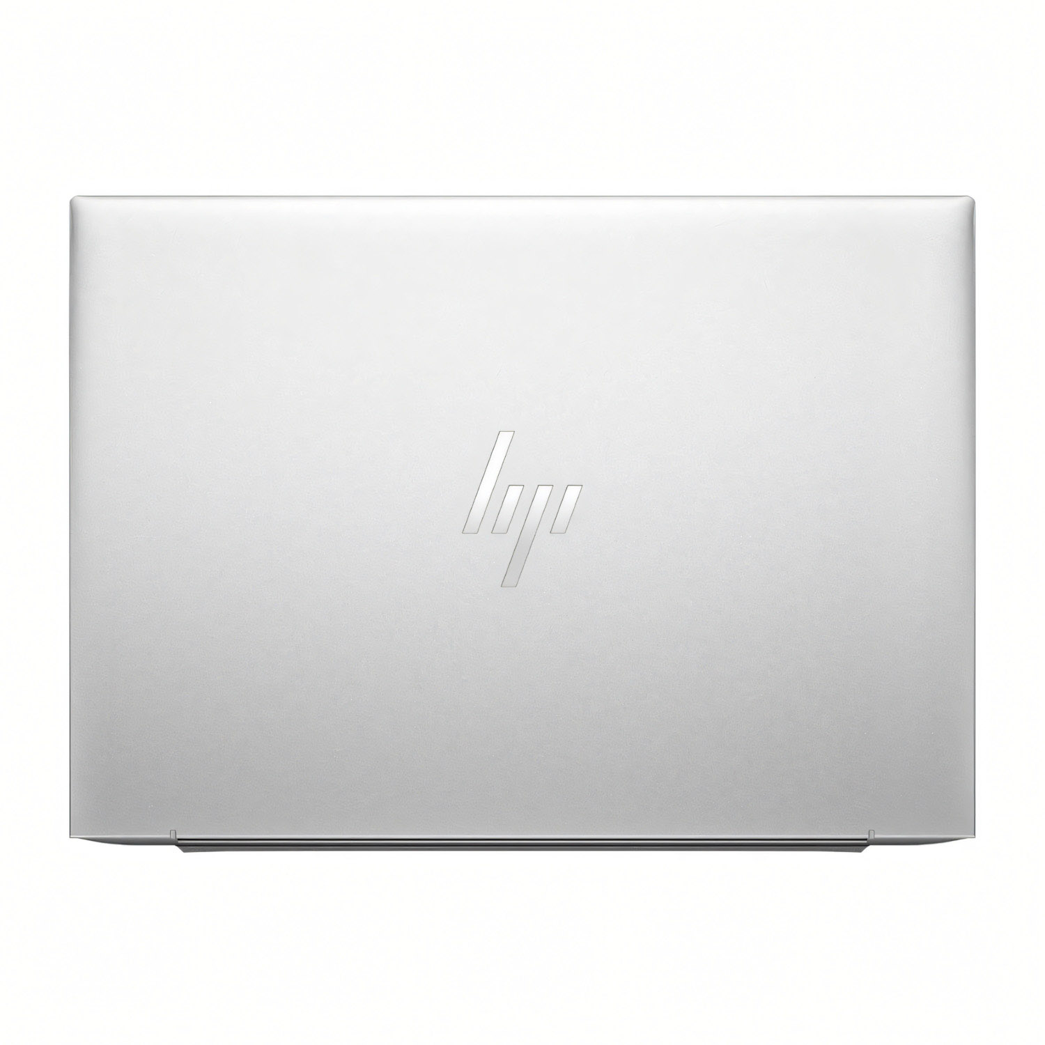 Portátil plateado, vista superior. El logotipo de HP está en el centro. El portátil está cerrado.