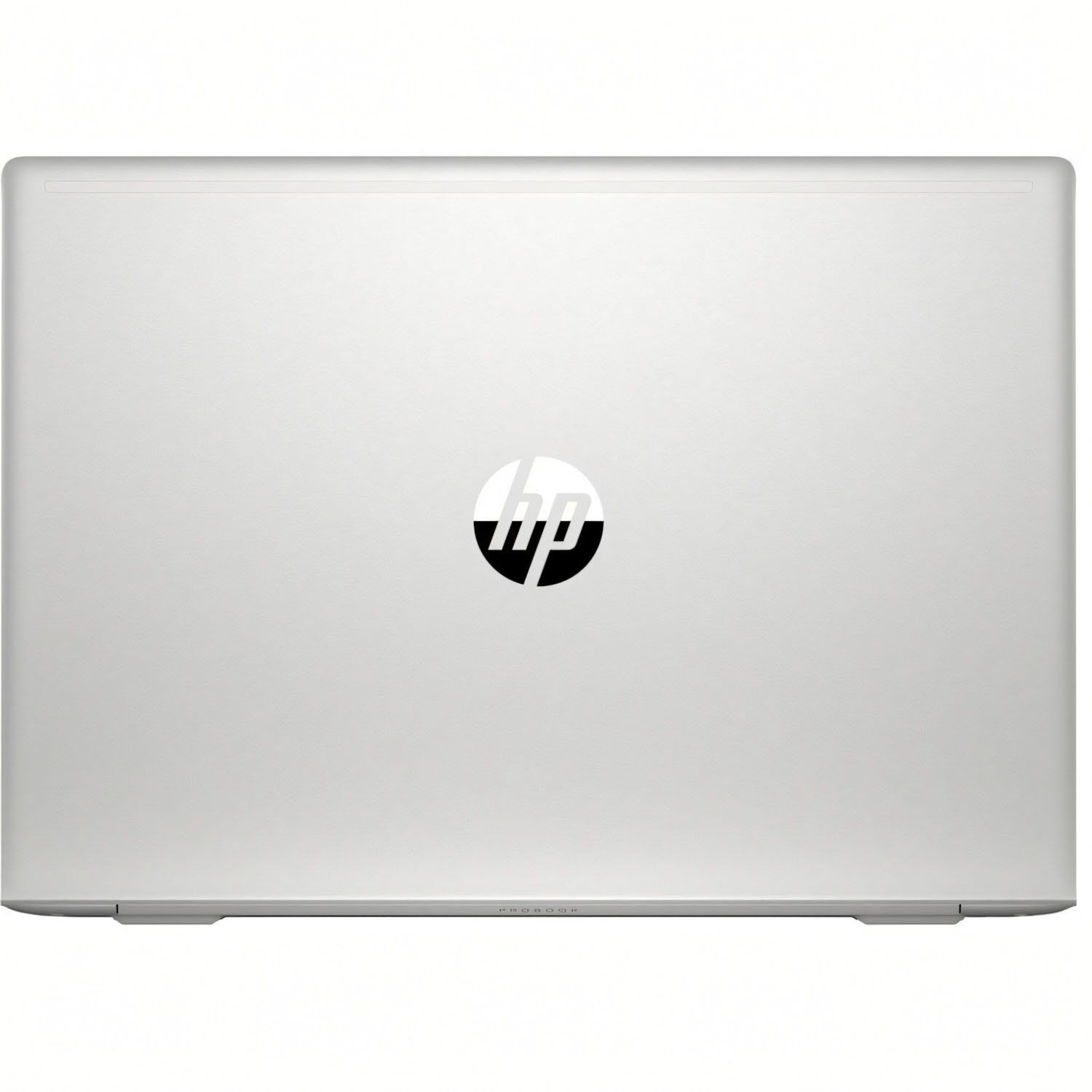 Parte trasera de portátil plateado con el logotipo de HP en el centro. El portátil está cerrado.