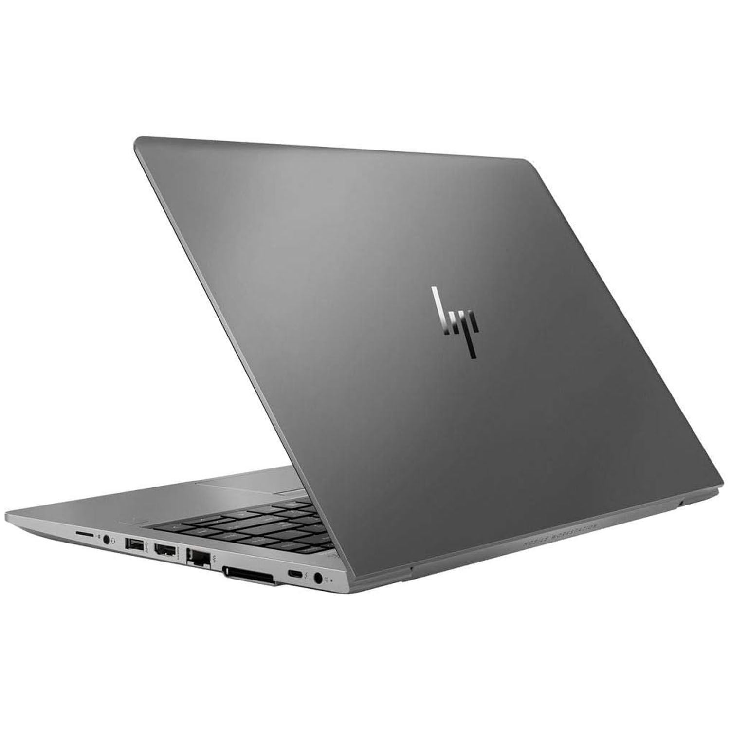 Laptop gris oscuro, vista trasera. El logo de HP es visible. La pantalla está cerrada.