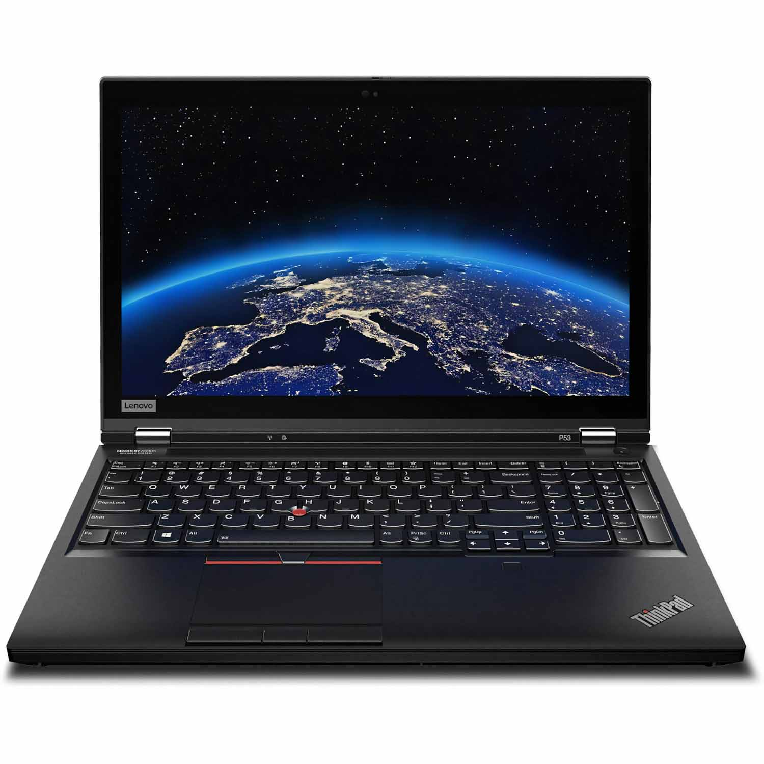 Portátil negro con una pantalla de cielo nocturno. Lenovo ThinkPad. Vista abierta y en ángulo.
