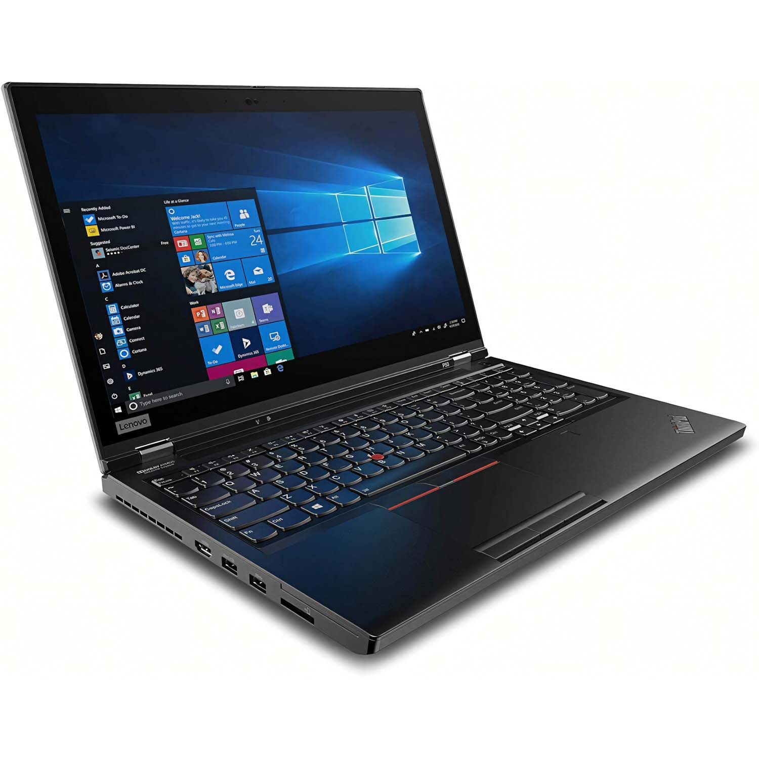Un portátil Lenovo negro, abierto con la interfaz de Windows visible. El portátil está inclinado.