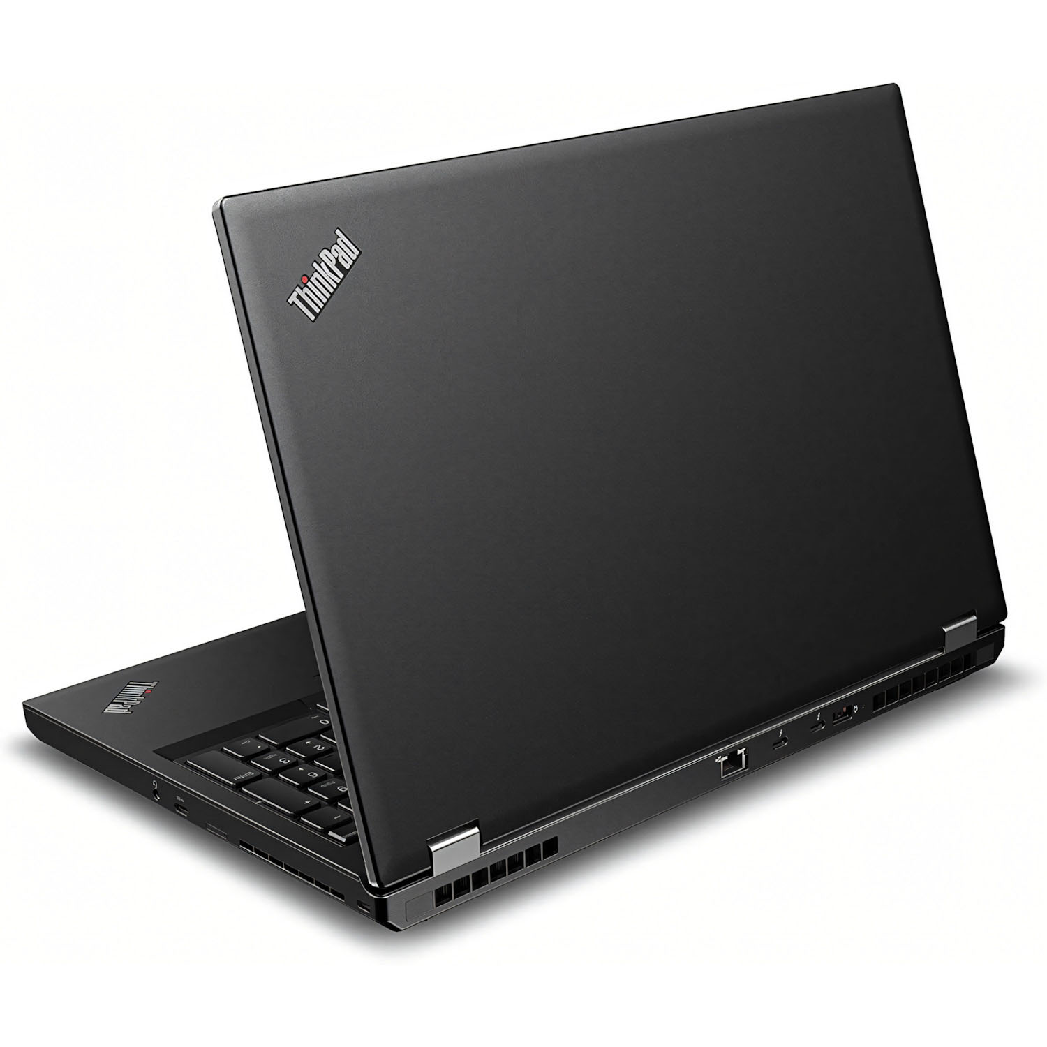 Vista trasera de un portátil ThinkPad negro. El logotipo de ThinkPad está en la esquina superior izquierda. Fondo blanco.