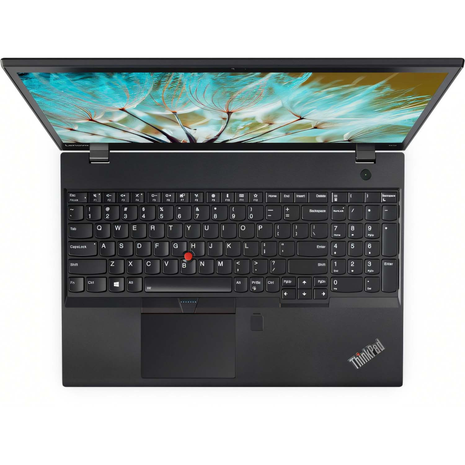 Vista superior de un portátil ThinkPad, abierto con el teclado y el trackpad enfocados. La pantalla está abierta.