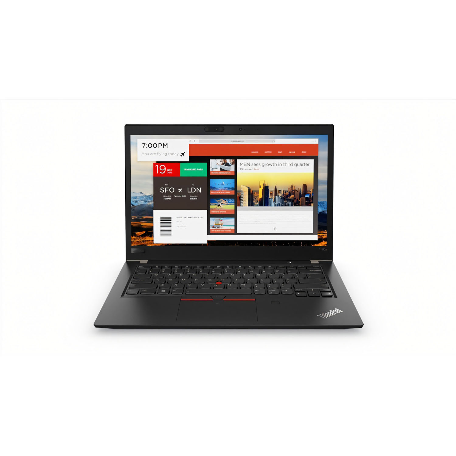 Laptop ThinkPad negro, mostrando información de viaje. Teclado y panel táctil visibles.