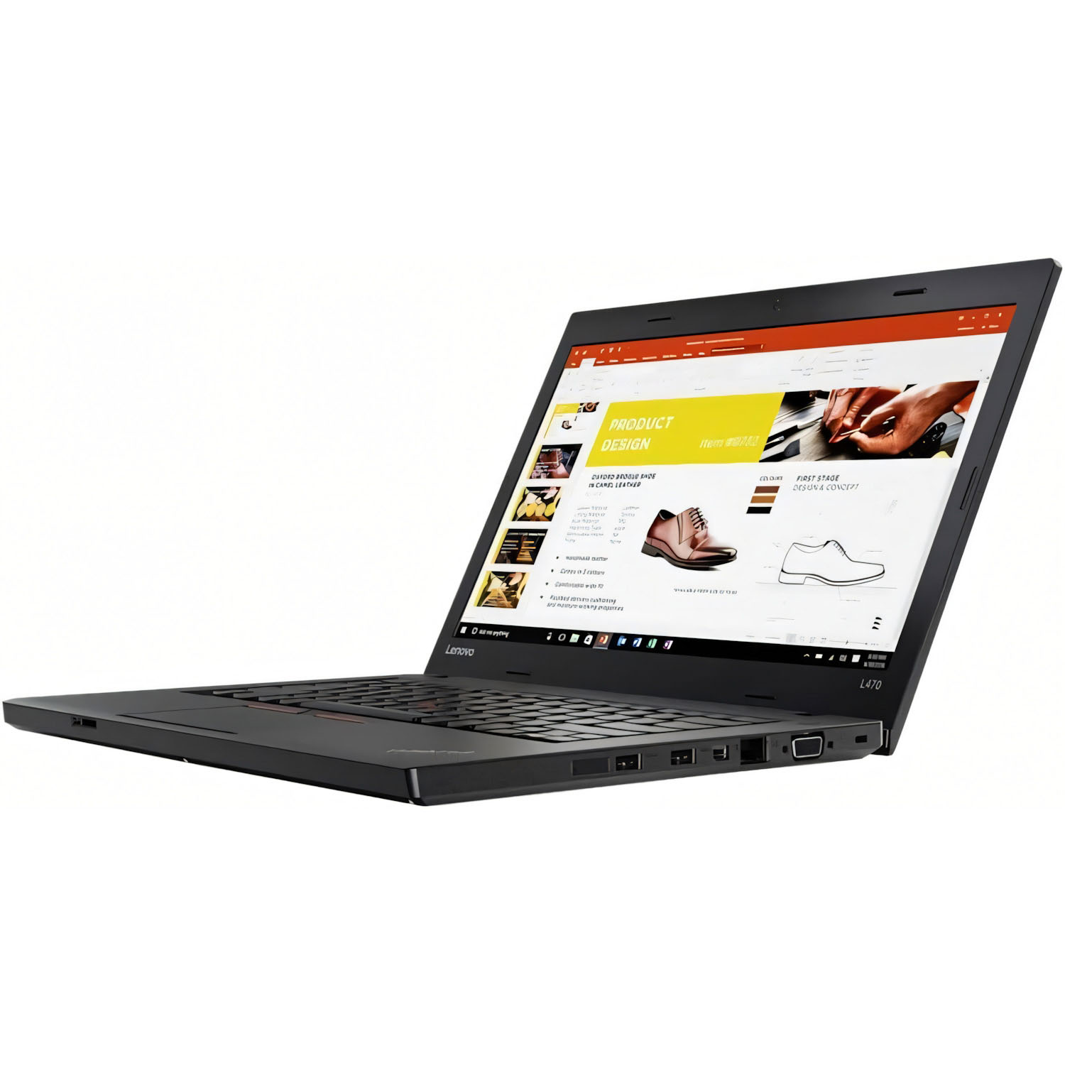 Portátil Lenovo negro mostrando un diseño de producto con fondo blanco.
