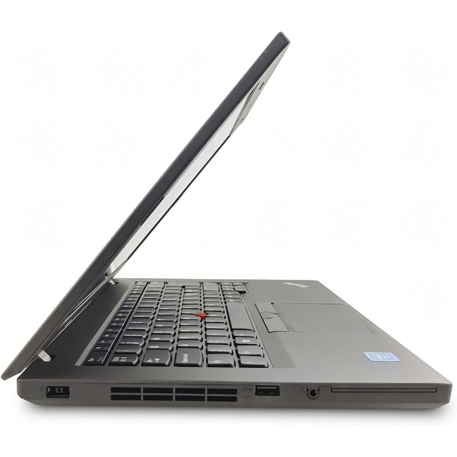 Laptop Lenovo negro, vista lateral, parcialmente abierto. Trackpoint rojo visible.