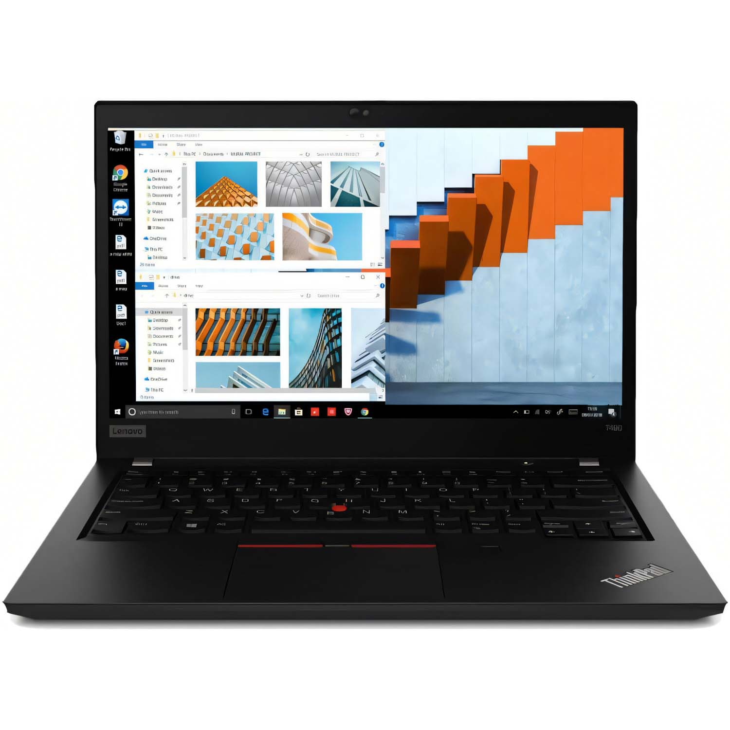 Laptop Lenovo negro abierto. La pantalla muestra archivos.
