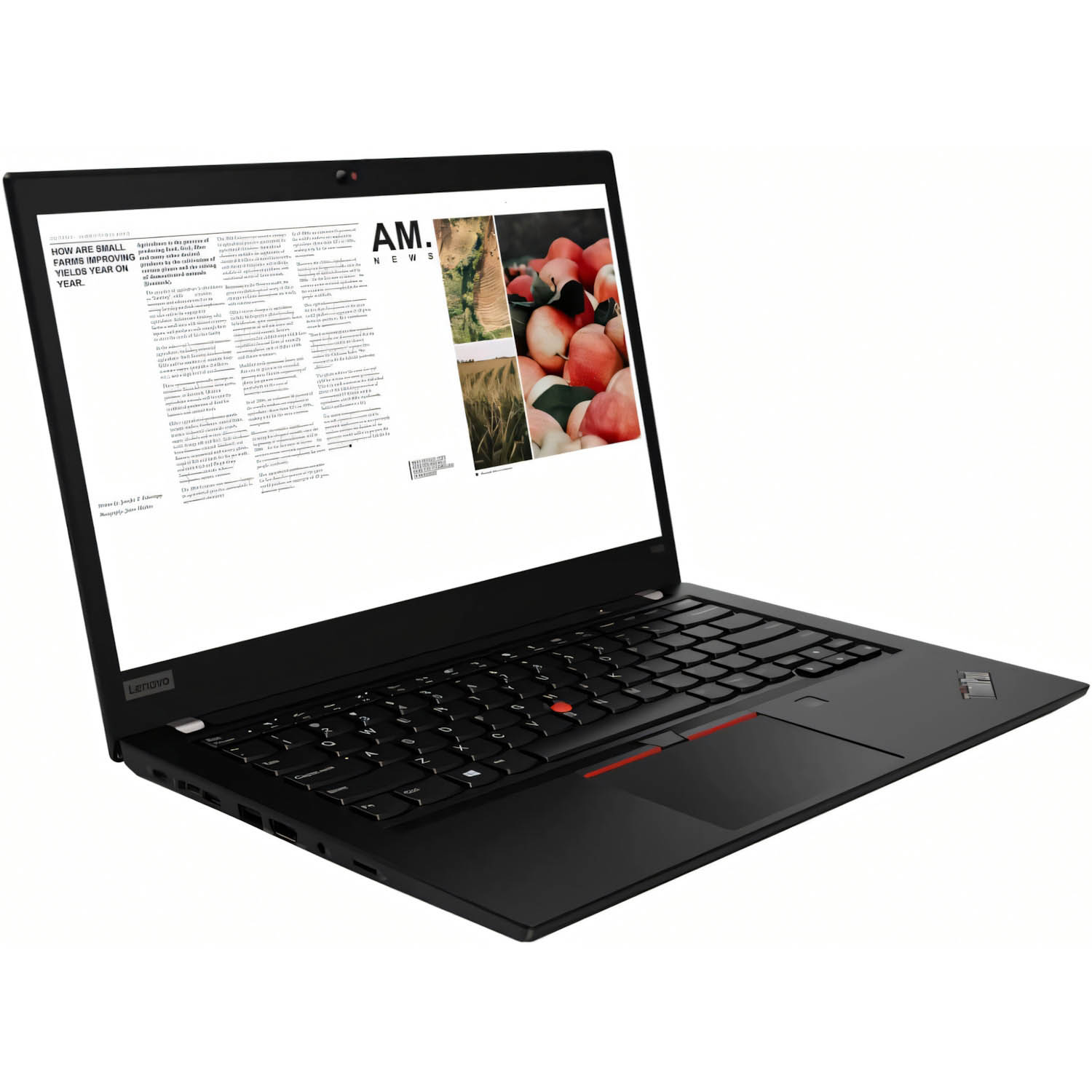 Laptop Lenovo negro abierto, mostrando una página web con texto e imágenes. La pantalla muestra el contenido.