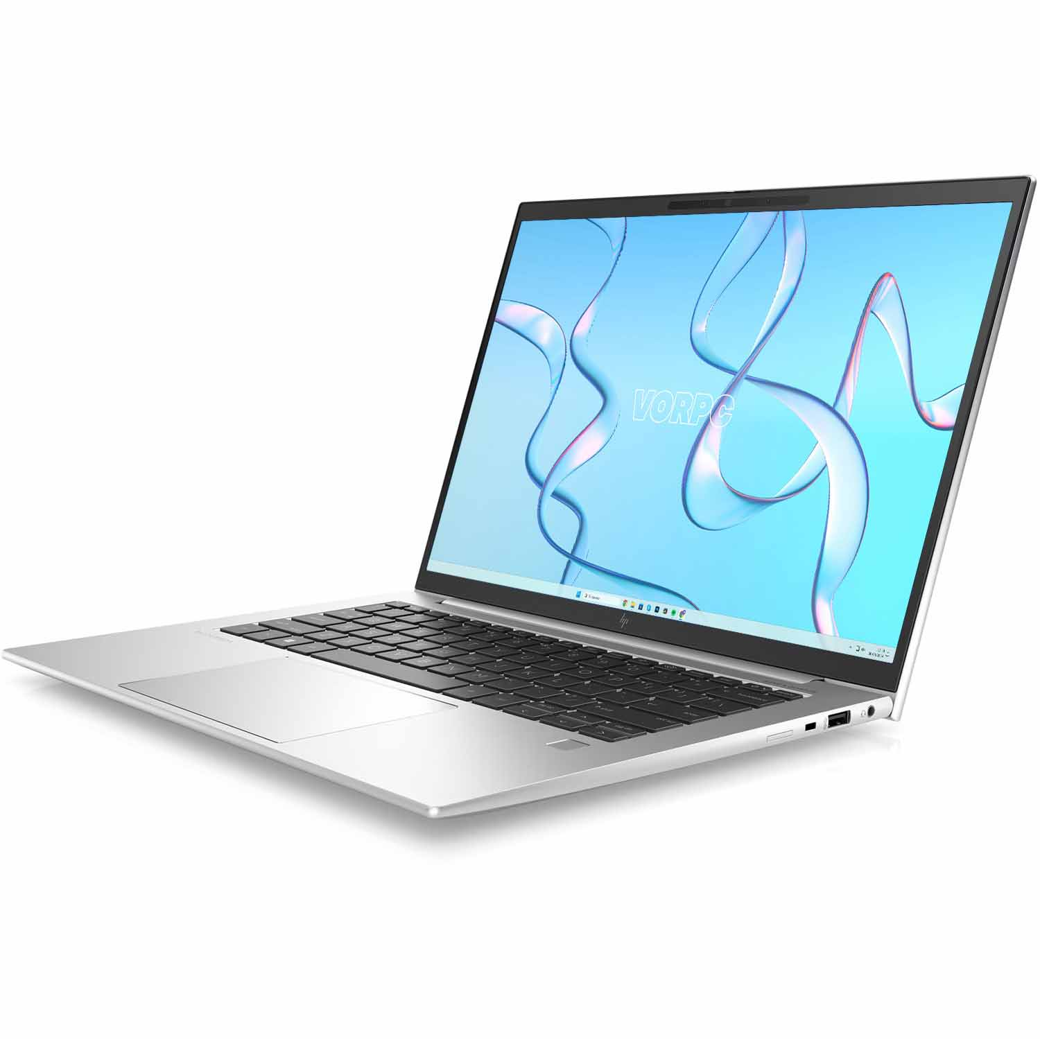 Portátil plateado con pantalla azul, mostrando un diseño de onda. El teclado es negro.