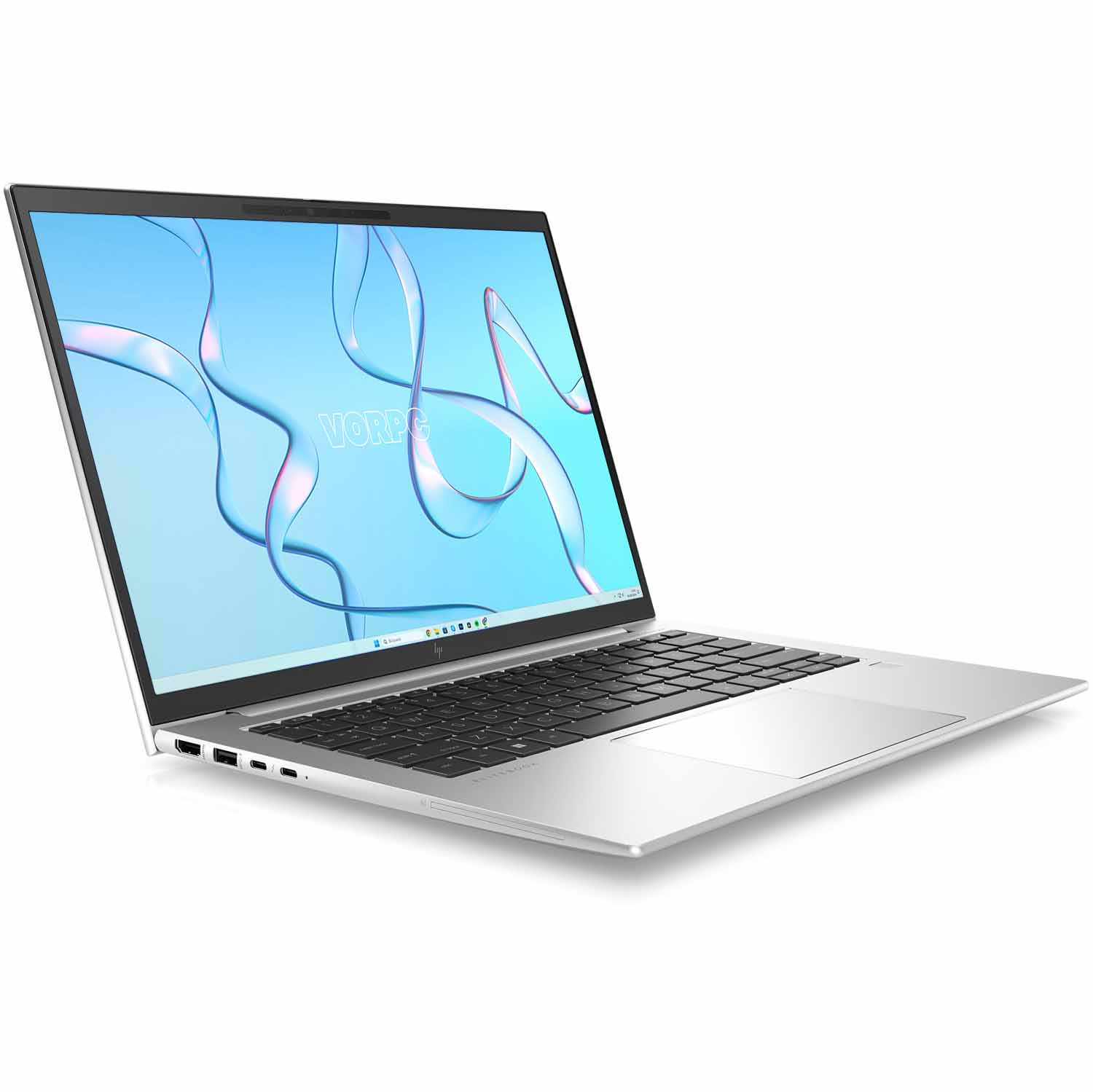 Laptop plateado que muestra un diseño azul y blanco con la palabra 'vorpc' en la pantalla.
