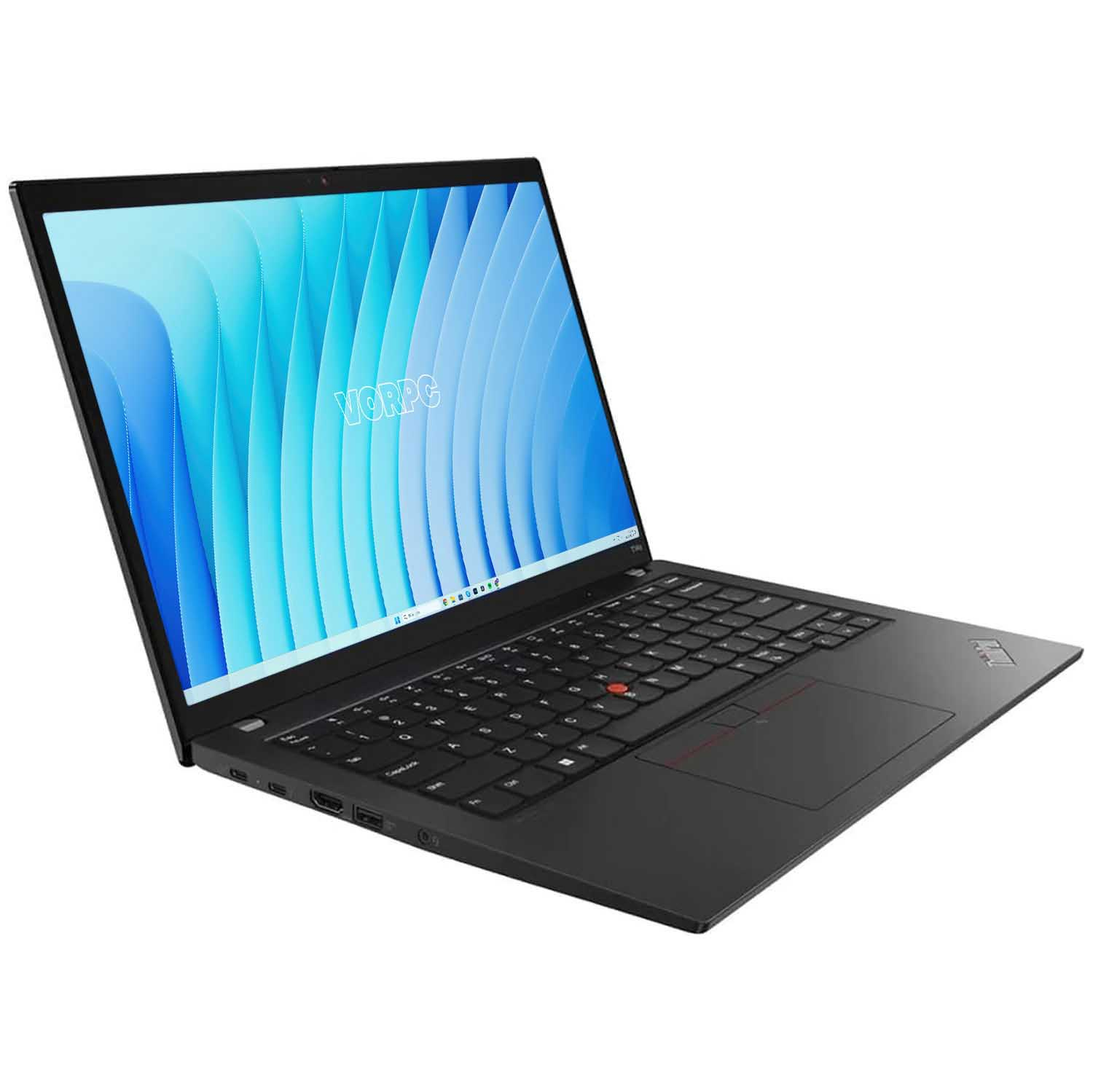 Laptop negro con pantalla azul y blanca. Tiene teclado y panel táctil negros. El logo es VORPC.