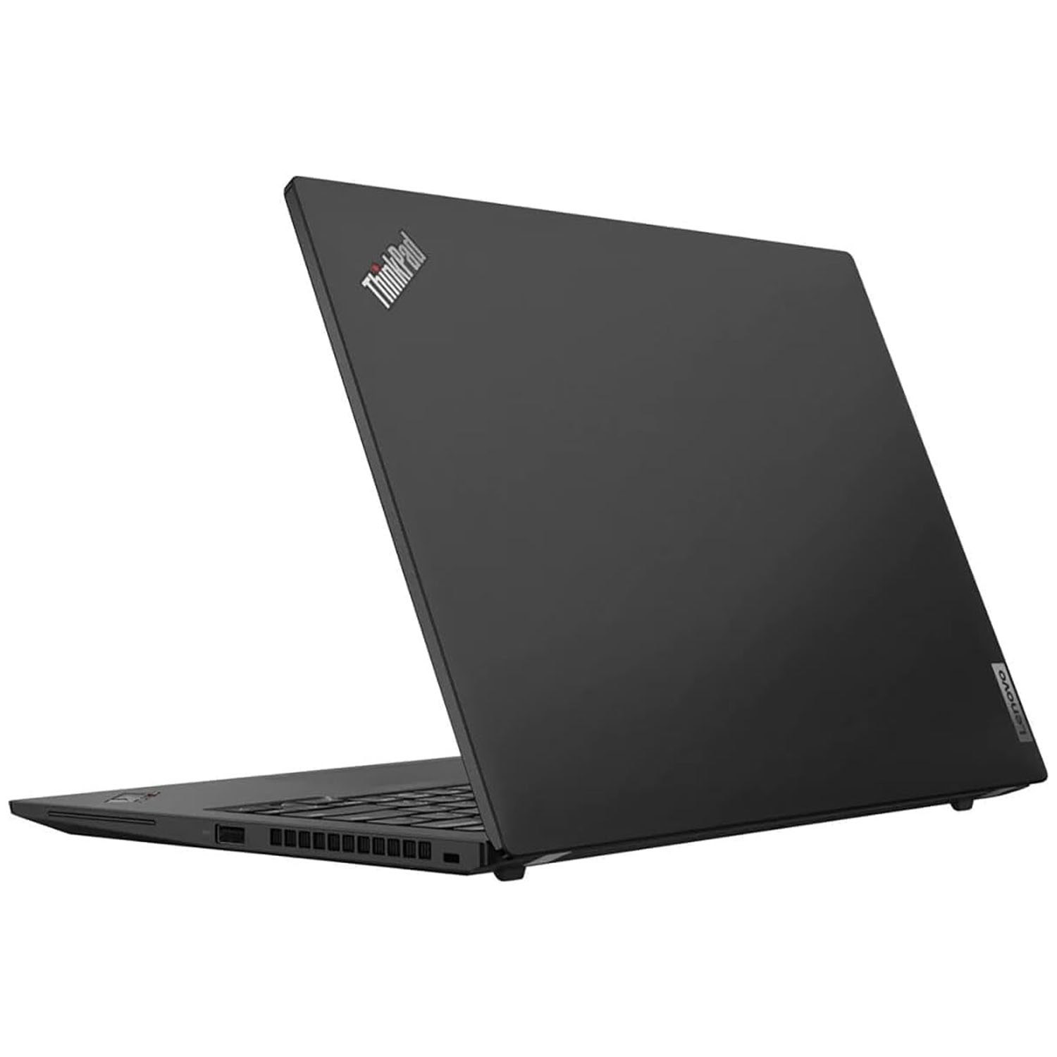 Portátil negro en ángulo lateral. Un logotipo de ThinkPad es visible.