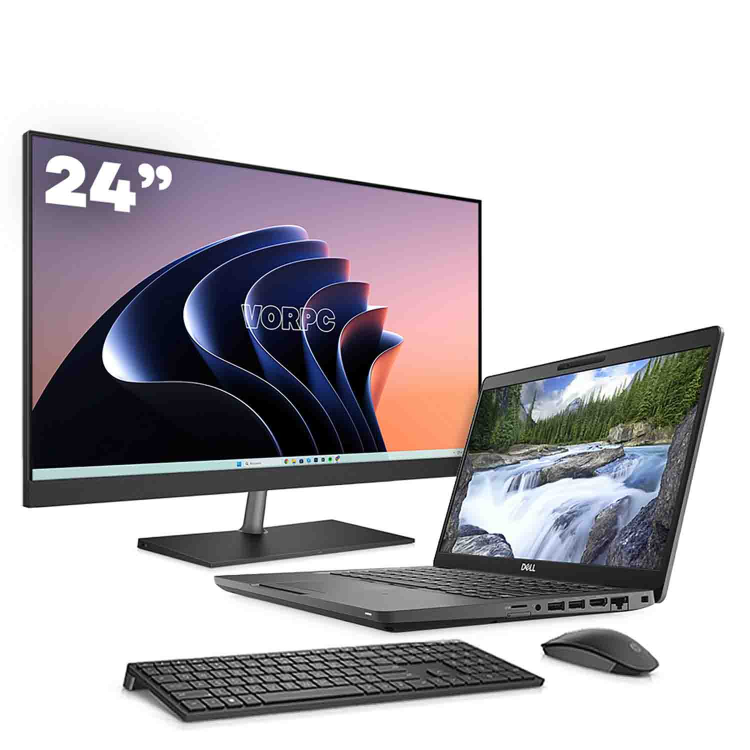 Un monitor de 24 pulgadas y un portátil Dell con teclado y ratón. Están sobre una superficie blanca.