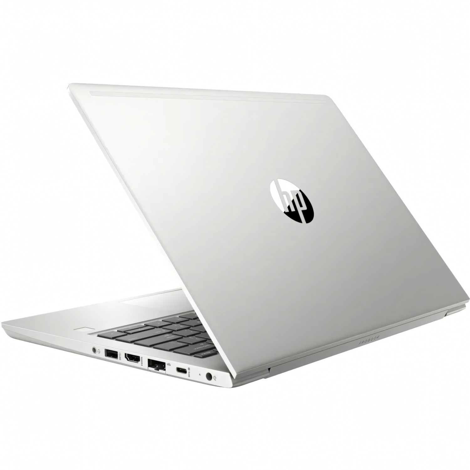 Portátil plateado, abierto con el logo de HP en la tapa. Teclado y pantalla visibles. Fondo blanco.