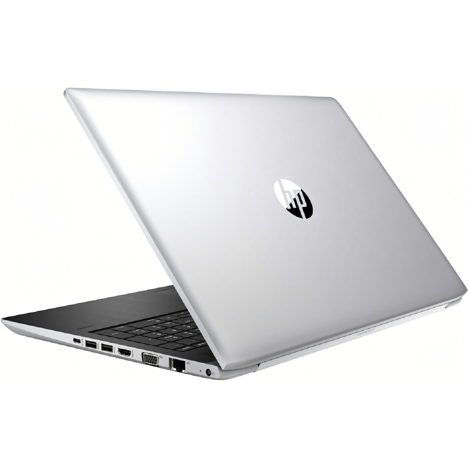 Portátil plateado con la pantalla abierta y el logotipo de HP en la tapa. Teclado visible. Fondo blanco.