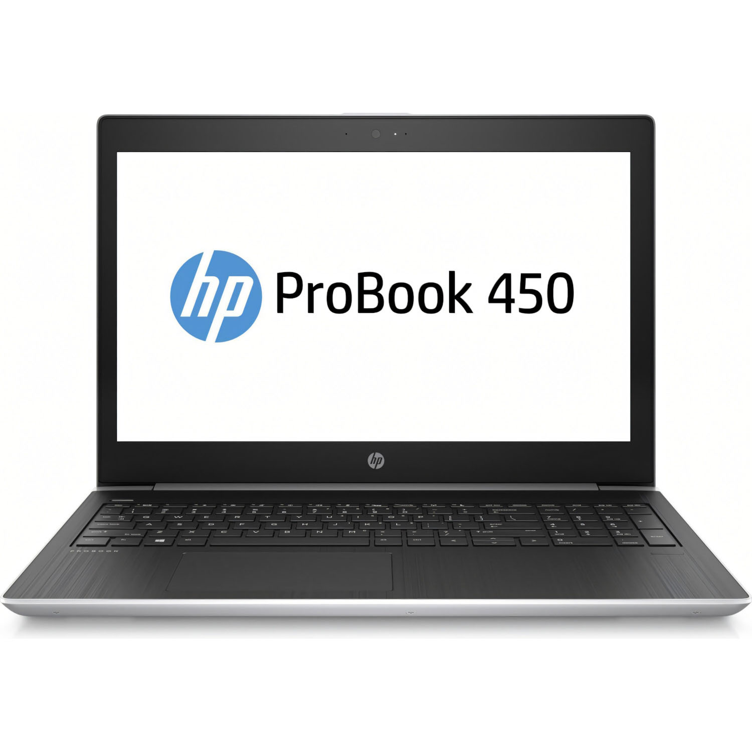 Laptop HP ProBook 450 negro sobre blanco. Pantalla muestra logo HP y ProBook 450.