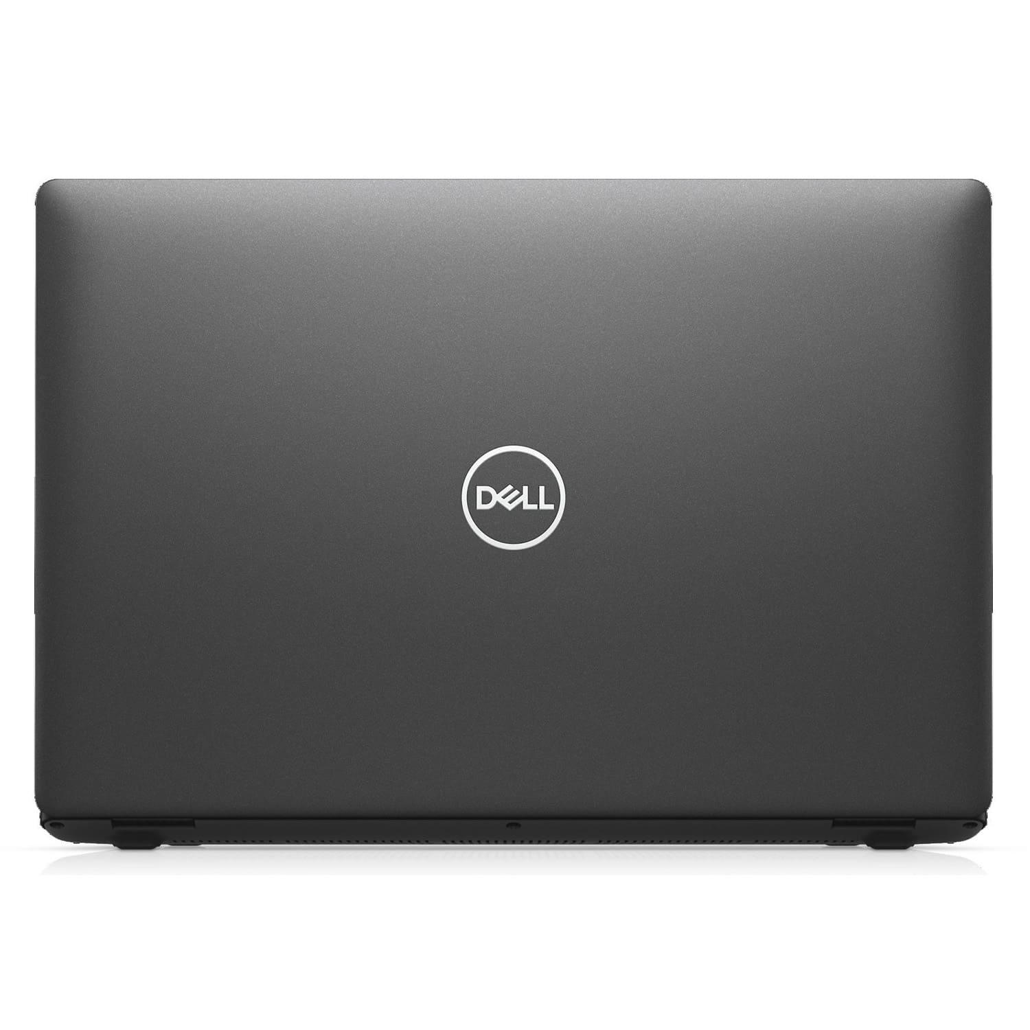 Un portátil gris oscuro con el logo de Dell centrado en la tapa.