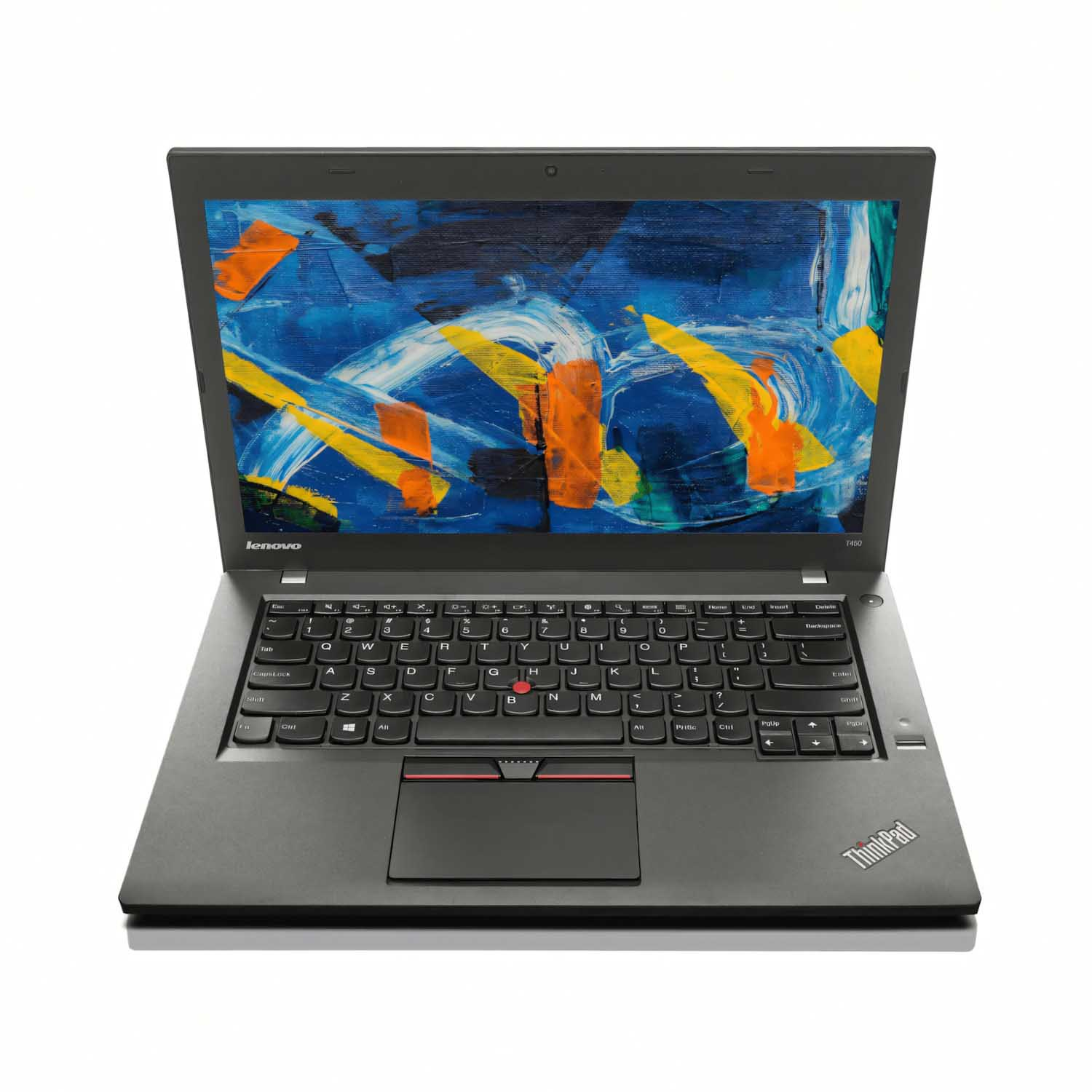 Portátil Lenovo ThinkPad negro, abierto sobre fondo blanco. Pantalla muestra arte abstracto, teclado visible, logo ThinkPad.