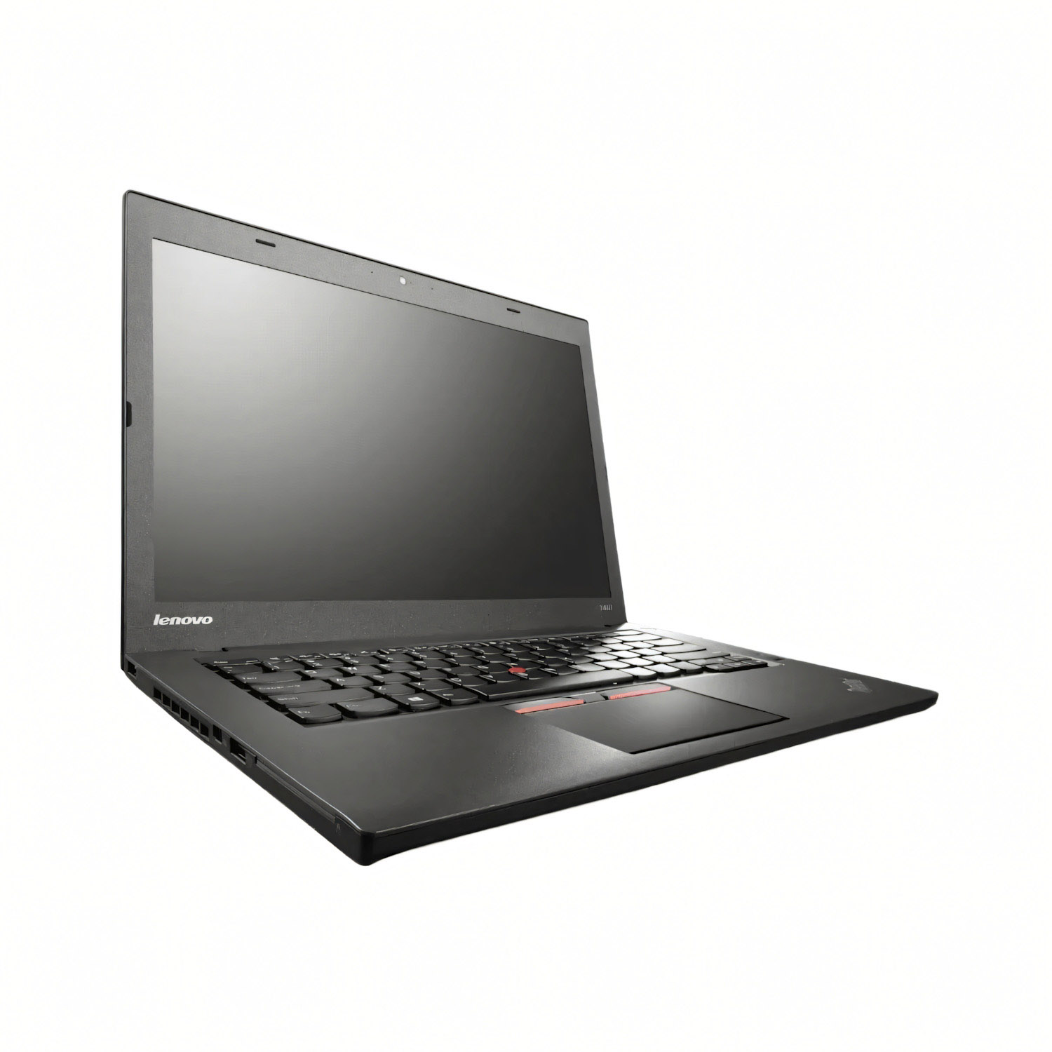 Laptop Lenovo negro sobre blanco, en ángulo. Pantalla negra. Trackpoint rojo visible.